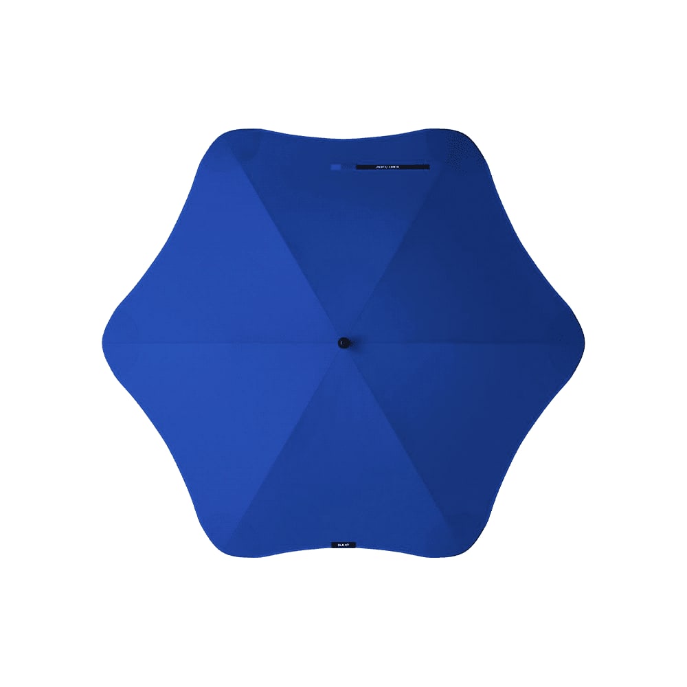 A blue umbrella with a unique star-shaped design and a centre button, featuring a logo on the handle. BLUNT Classic Umbrella - Image 1