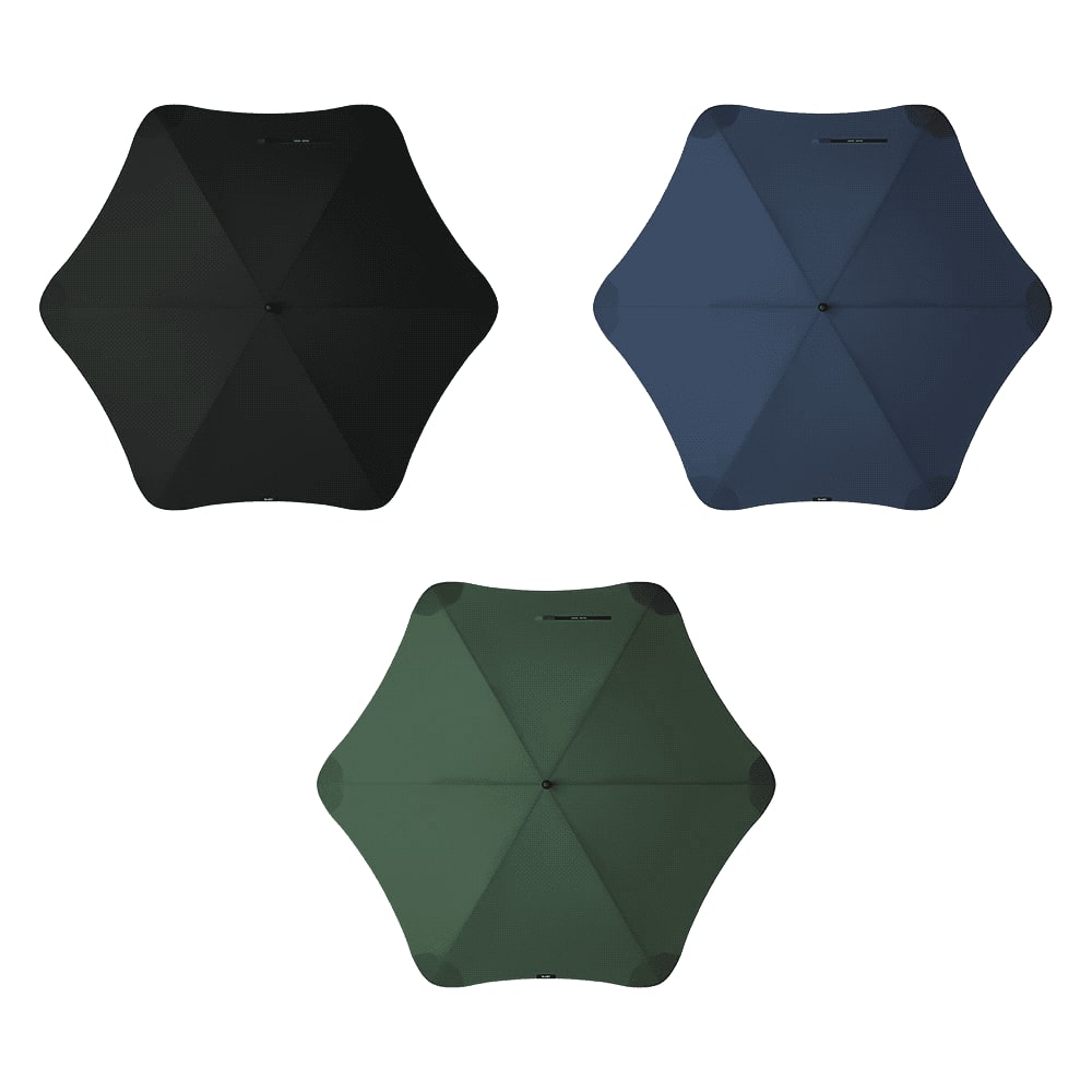 A collection of three BLUNT Sport Umbrellas in black, navy, and green, displaying their unique hexagonal shapes. BLUNT Sport Umbrella - Image 1