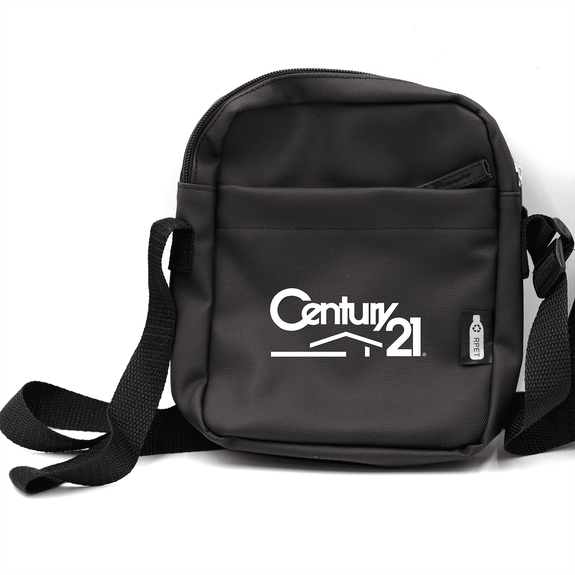 A black messenger bag with a shoulder strap and a logo on the front, featuring a zippered compartment and an additional pocket. The Traveller RPET Messenger Bag - Image 1
