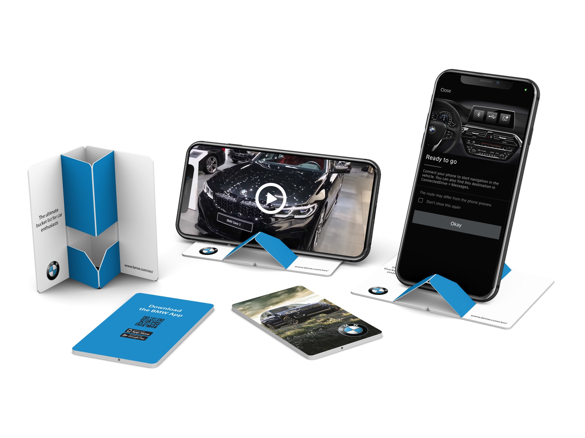 A promotional Pop Up Phone Stand in blue and white, featuring a logo, holding a phone and a card. Pop Up Phone Stand - Image 1