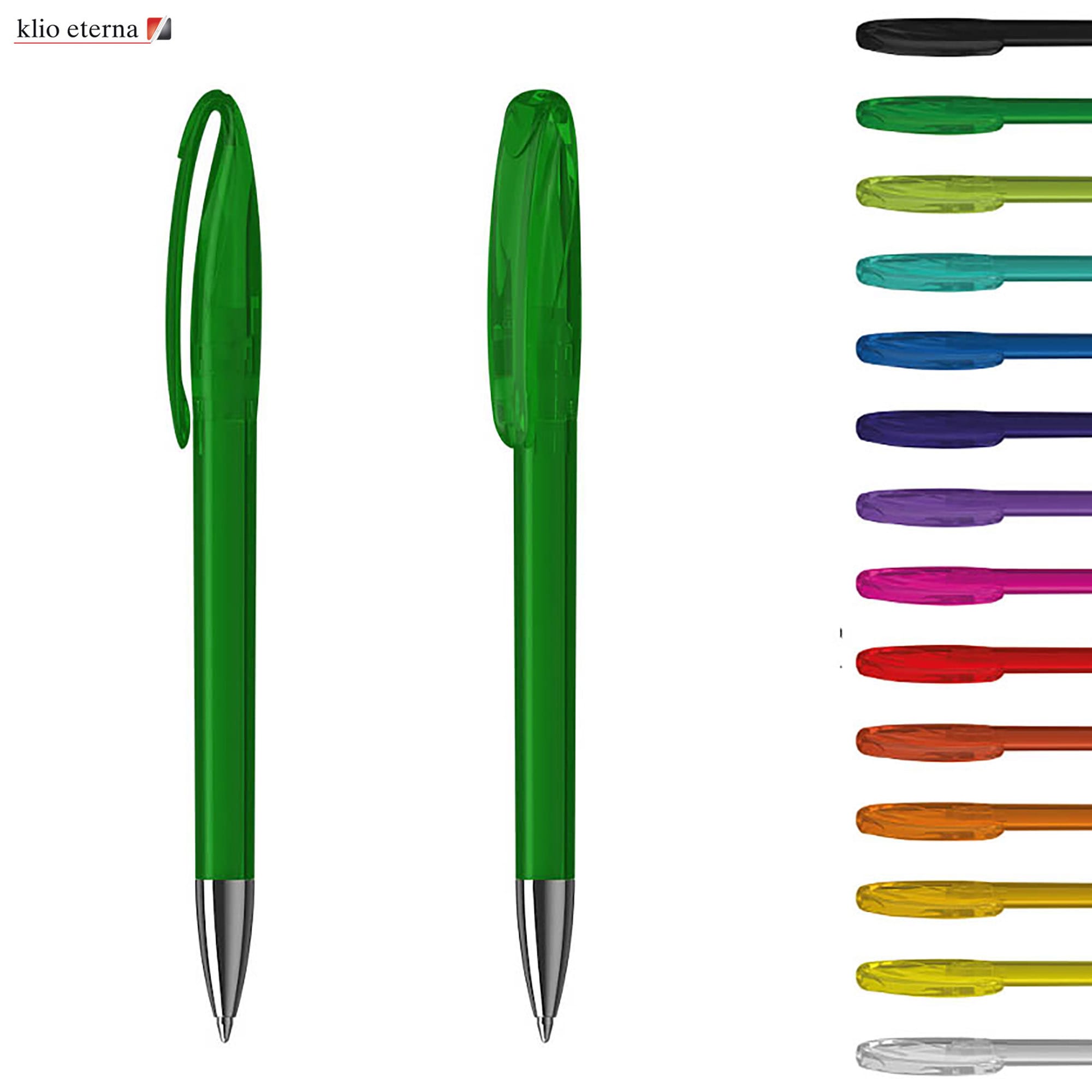 A collection of plastic pens in various colours, including green, purple, pink, and blue, featuring transparent bodies and silver tips. Boa Transparent M - Image 1