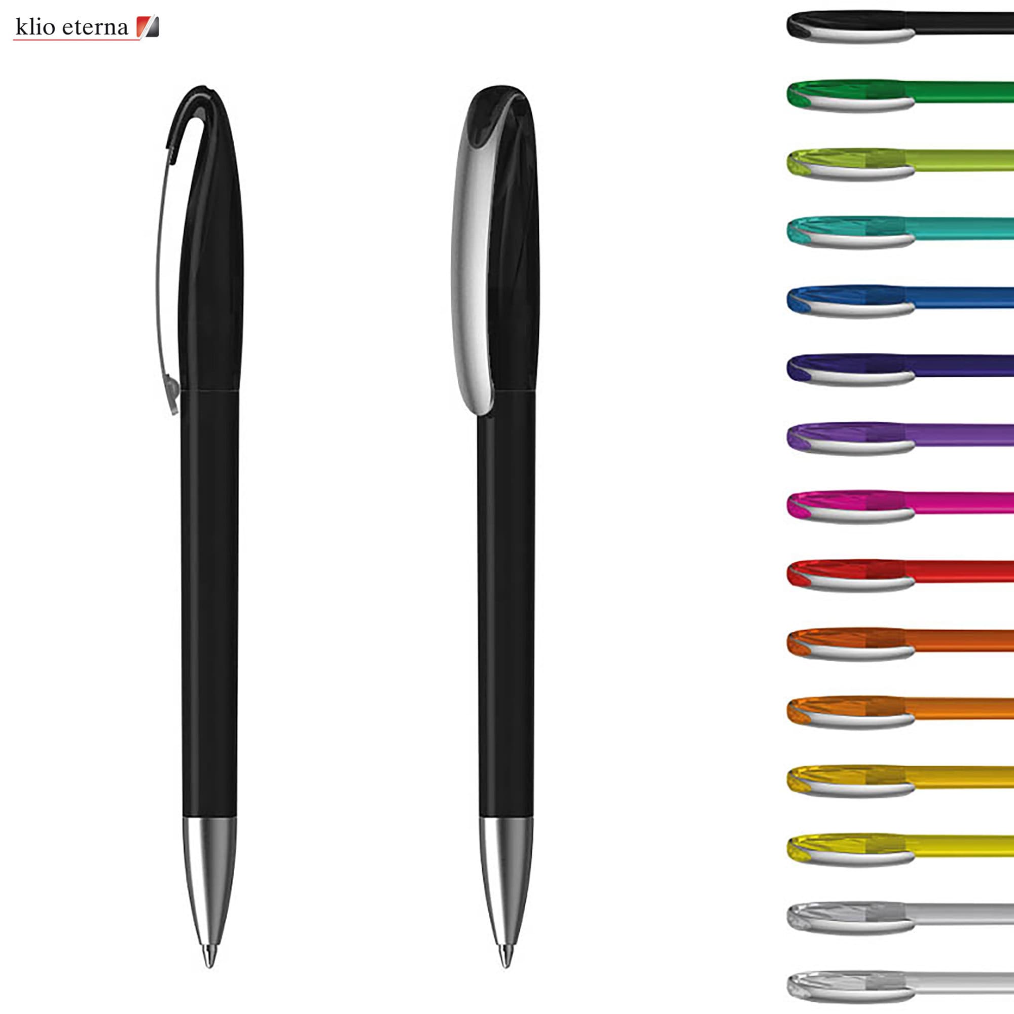 A collection of plastic pens in various colours, featuring a black pen with a clip and a shiny silver tip. Boa Ice MM - Image 1