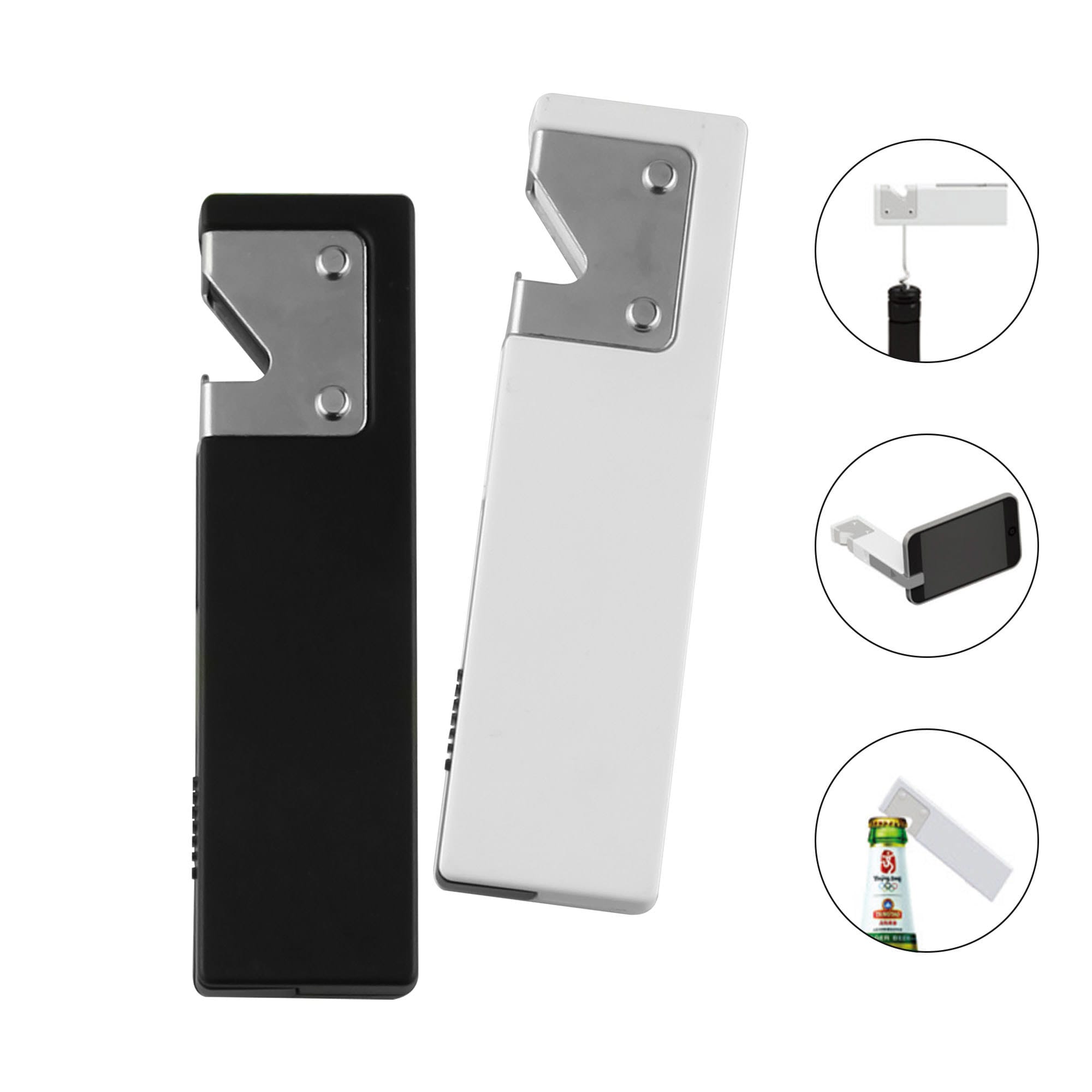 A drink bottle opener in black and white, featuring a sleek design and a built-in keyring attachment. Bolta 3 in 1 Bottle Opener - Image 1