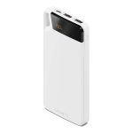 A white power bank with multiple USB ports and a digital display showing battery percentage. It has a logo on the front.