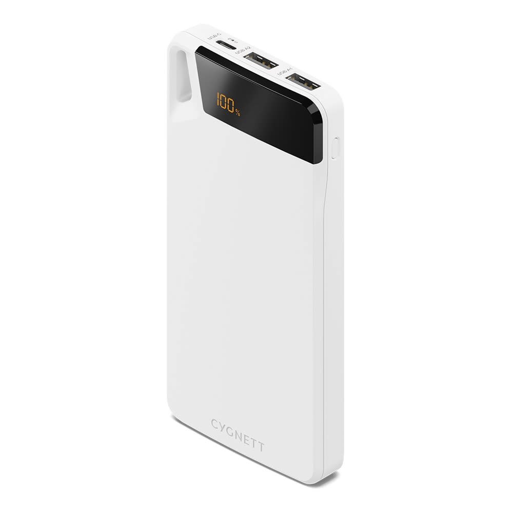 A white power bank with multiple USB ports and a digital display showing battery percentage. It has a logo on the front. A white power bank with multiple USB ports and a digital display showing battery percentage. It has a logo on the front.