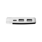 A white power bank featuring a USB-C port and two USB-A ports. It has a smooth, rounded design.