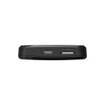 A black power bank with USB and USB-C ports, featuring a sleek and compact design.