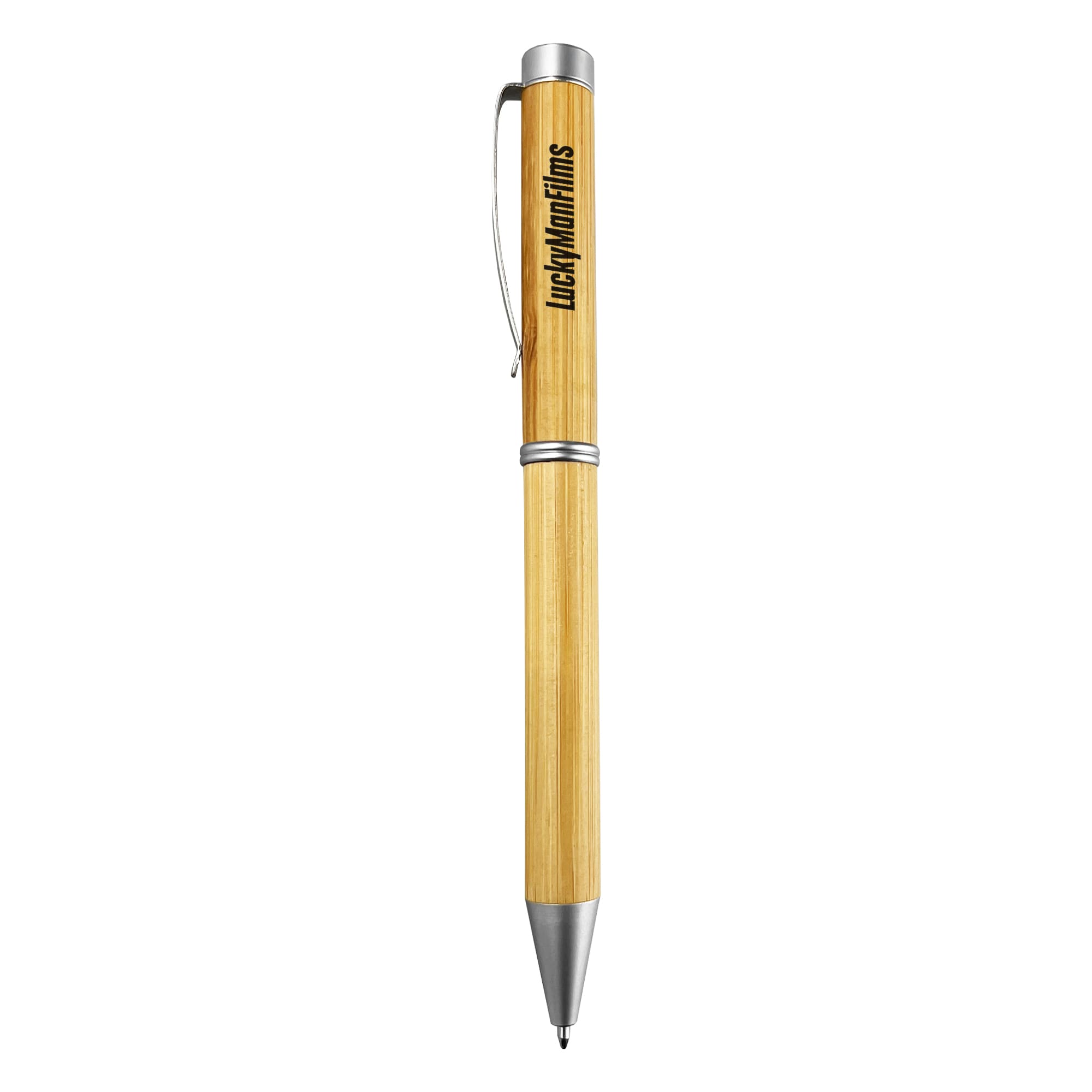 A bamboo pen with a metallic tip and clip, featuring a logo on the barrel. World Prestige Bamboo Pen - Image 1