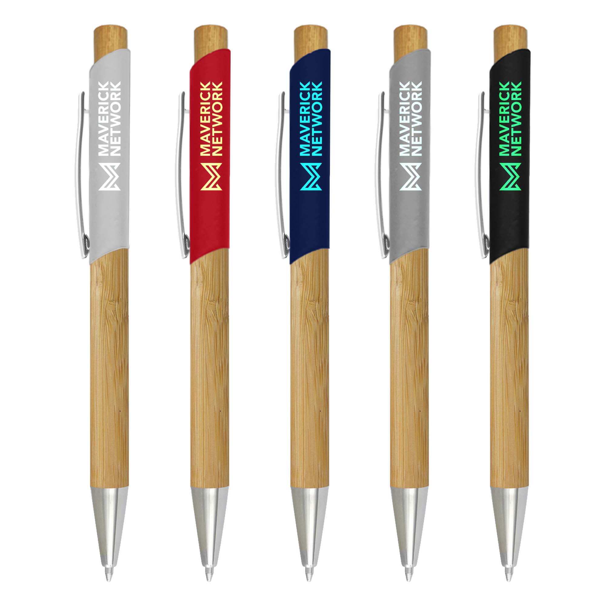 A set of five French bamboo pens in silver, red, blue, and black, featuring a logo on each pen. French Bamboo Pen - Image 1