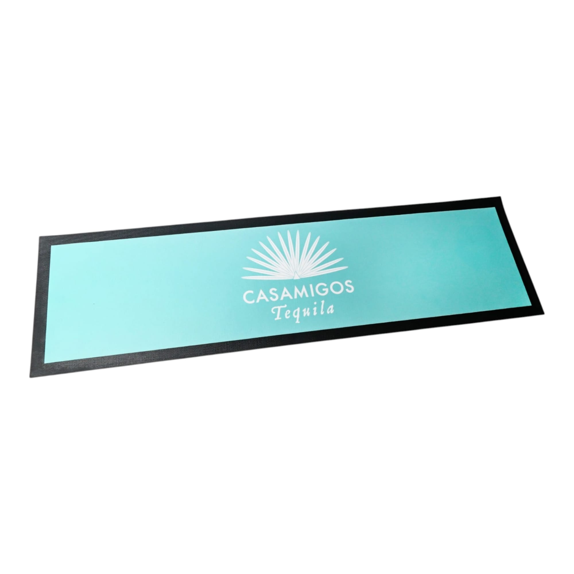 A bar runner featuring a turquoise background with a black border and a logo in the centre. Premium Bar Runner - Image 1