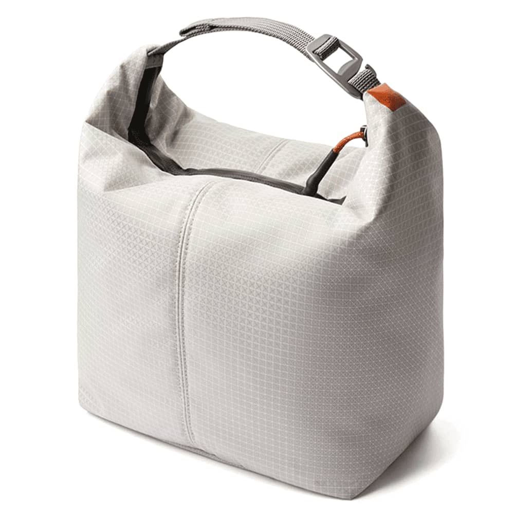 A grey cooler bag with a sturdy handle and a buckle closure, featuring a textured surface and logo branding. Bellroy Lite Cooler Caddy 10L - Image 1