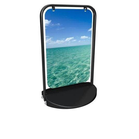A signage stand with a black metal frame, water base, and a metal panel displaying a scenic ocean view. Signage Stand with Metal frame, Water Base and Metal Panel - Image 1