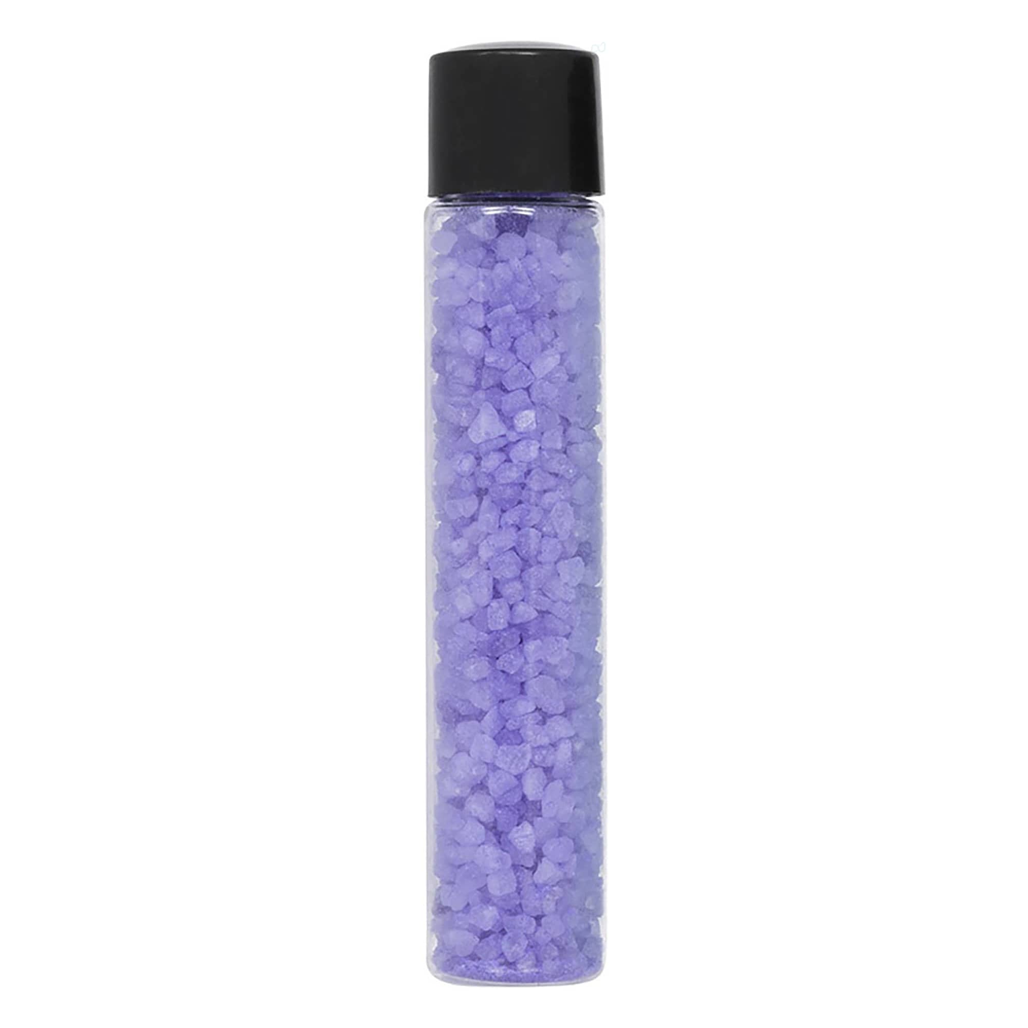 A transparent tube filled with purple bath salts, topped with a black cap. Bath Salt Tube - Image 1