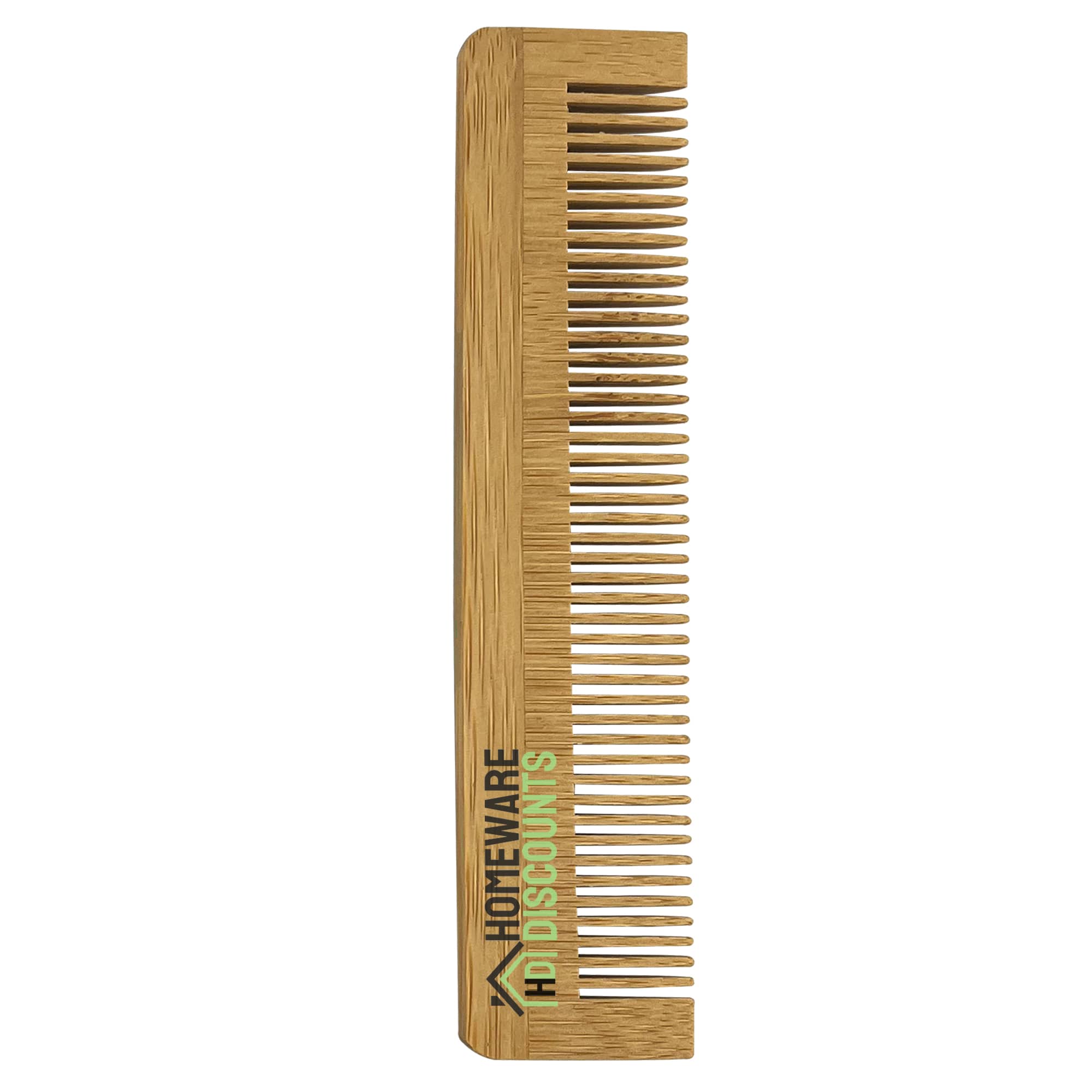 A bamboo comb with a simple design, featuring fine and wide teeth, and a logo on the side. Melanie Bamboo Comb - Image 1