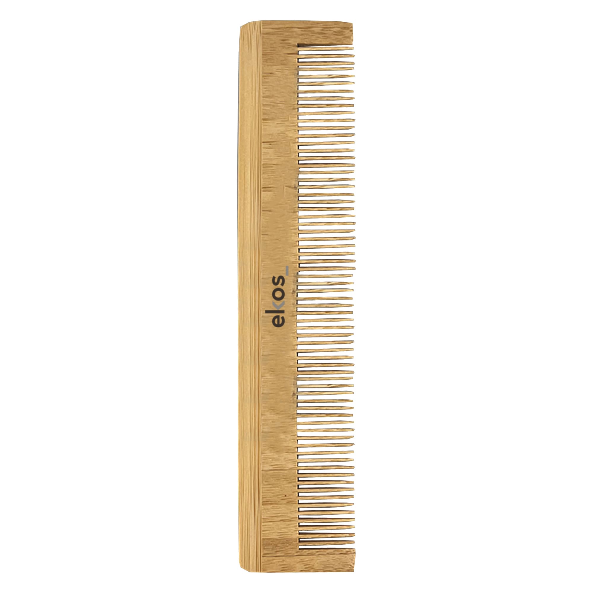 A bamboo comb featuring fine and wide teeth, showcasing a natural wood finish with a logo. Niomi Bamboo Comb - Image 1