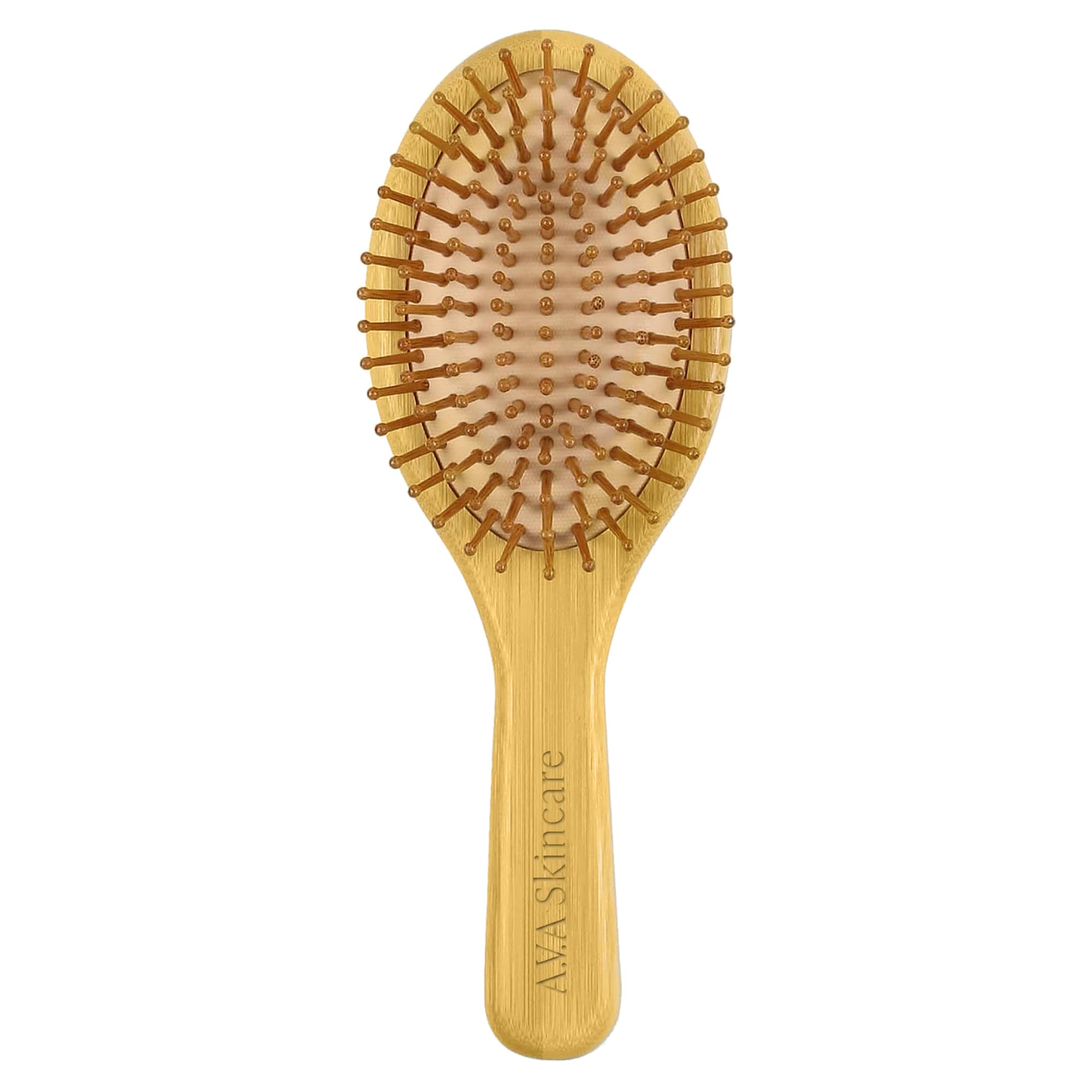 A bamboo hairbrush with a wooden handle and bristle pins, featuring a smooth oval design in natural tones. Bamboo Hair Brush - Image 1
