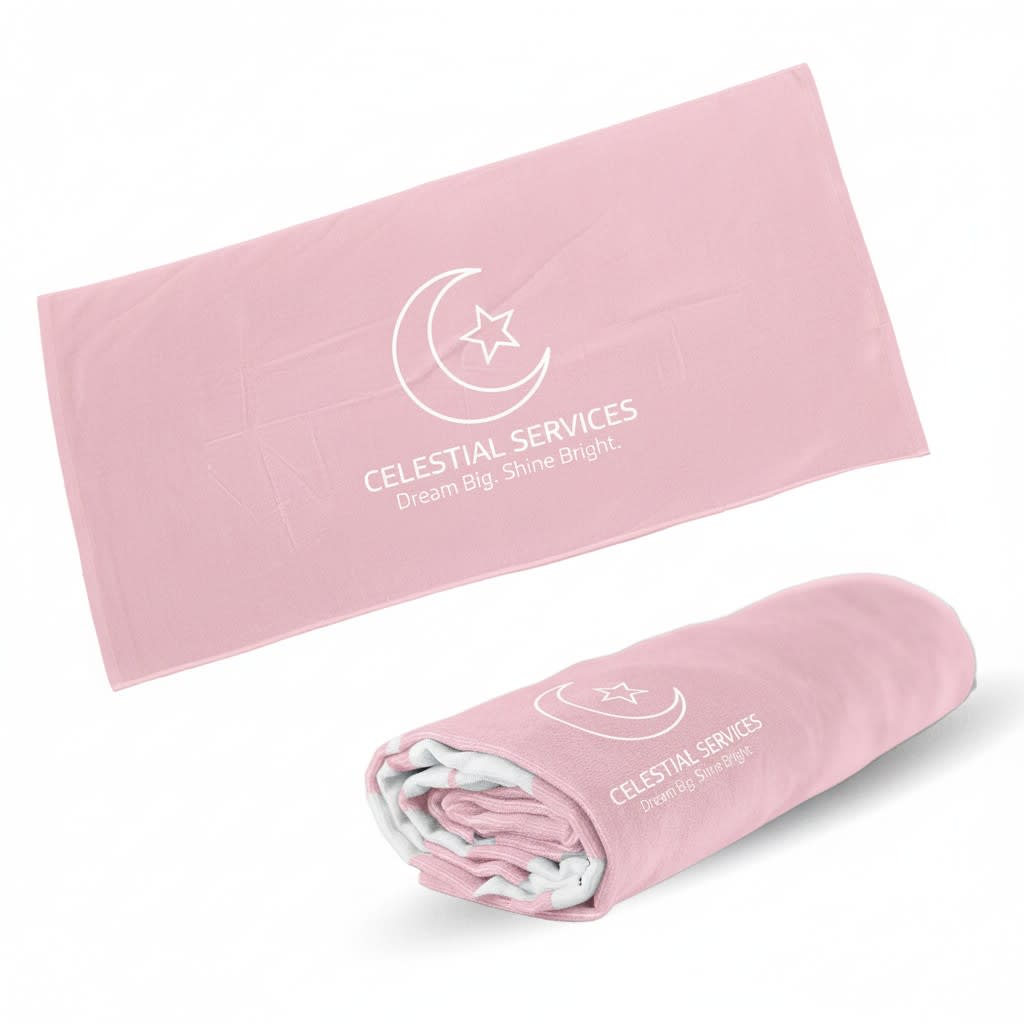 A pink beach towel featuring a logo, presented flat and rolled. 400G Naples Cotton Beach Towel 80cmX160cm - Image 1