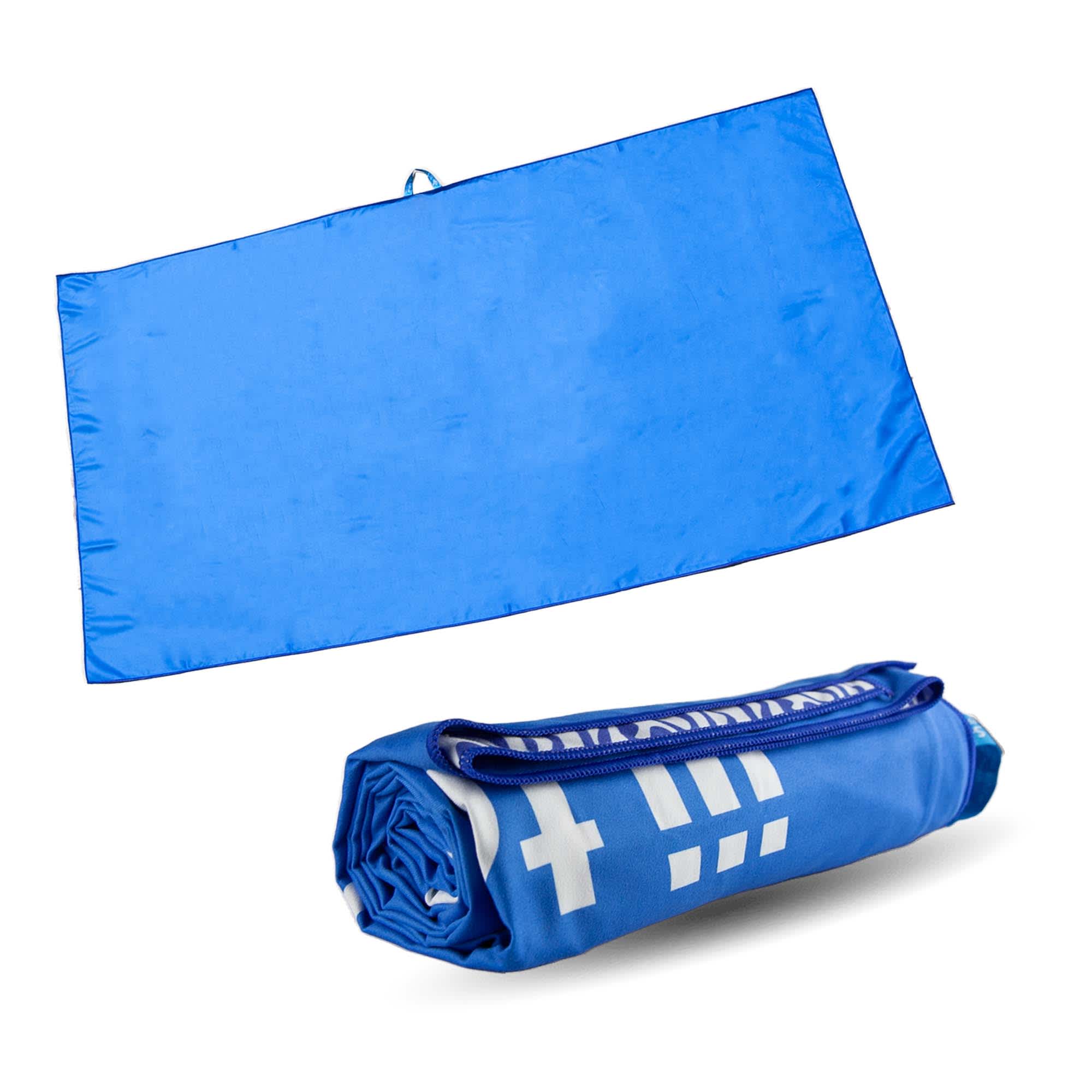 A blue suede fabric sand-free beach towel, displayed laid out flat and rolled up. The product has a branding logo. 200G Suede Fabric Sand Free Beach Towel - Image 1