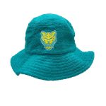 A teal terry towelling bucket hat featuring an embroidered tiger logo on the front.