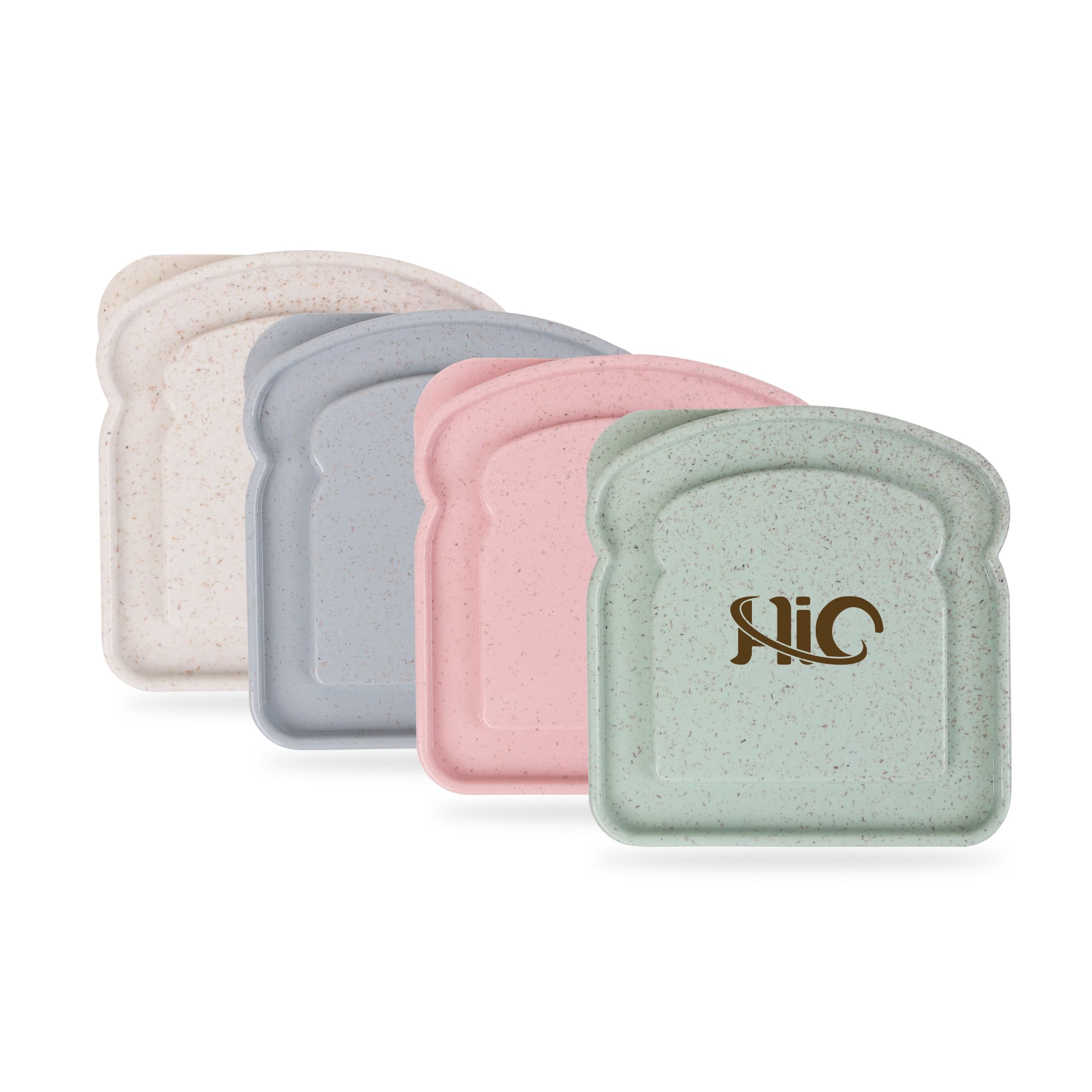 A set of four sandwich-shaped plates in pale pink, grey, green, and cream, featuring a logo on one plate. Portable Bamboo Fiber Lunch Box - Image 1