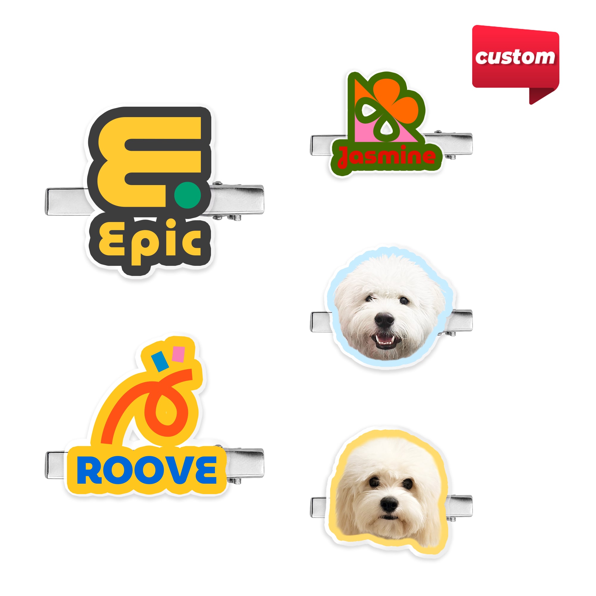 A collection of custom-shaped acrylic hair clips featuring various colourful designs and a logo on each clip. Custom Shape Acrylic Hair Clip - Image 1