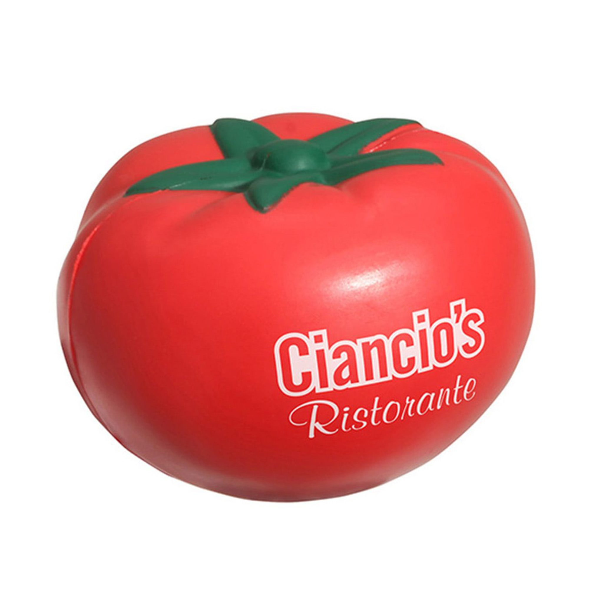 A red tomato-shaped stress reliever with a green stem, featuring a logo. Tomato Shape Stress Reliever - Image 1