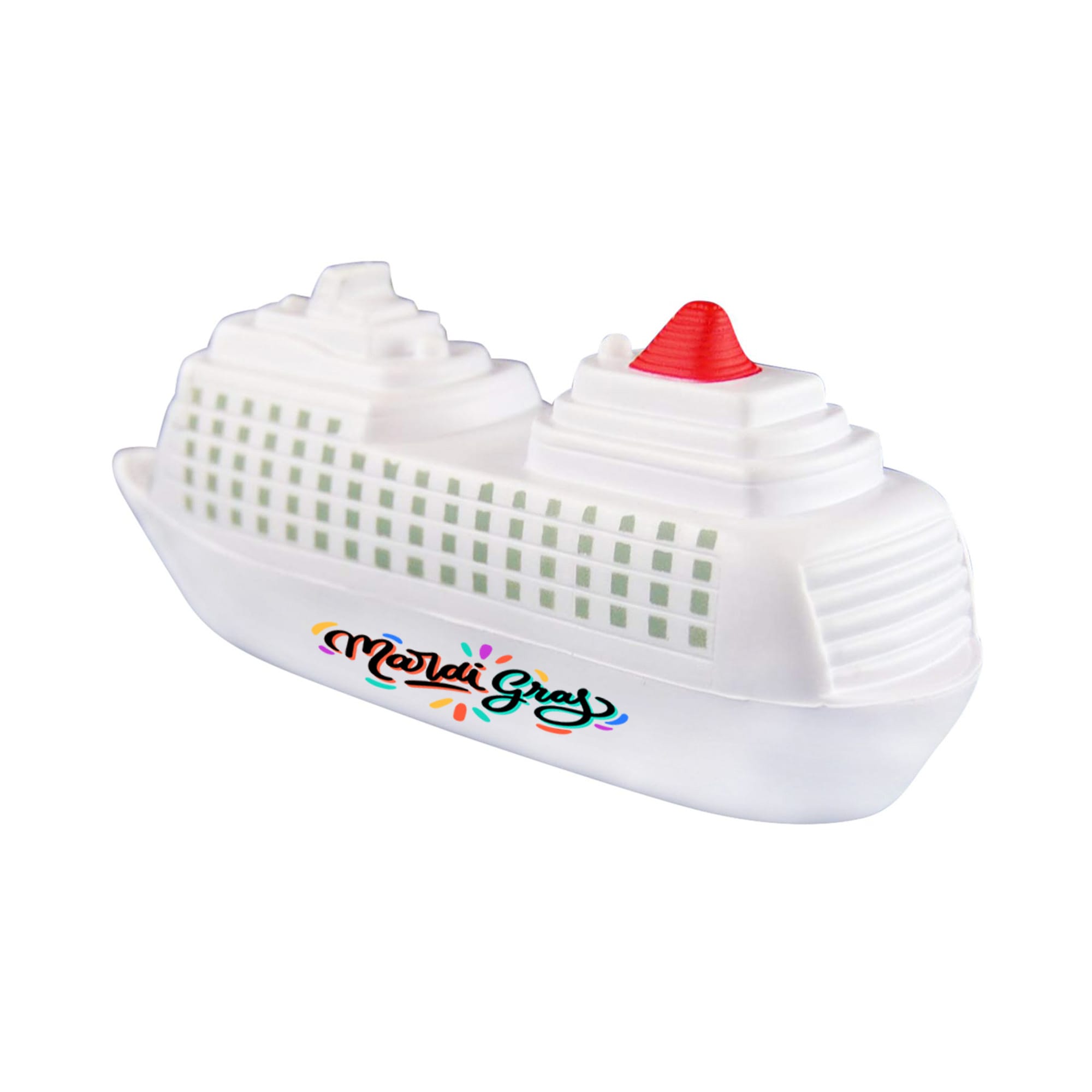 A stress reliever shaped like a white cruise ship with a red and white top and a logo on the side. Cruises Shape Stress Reliever - Image 1