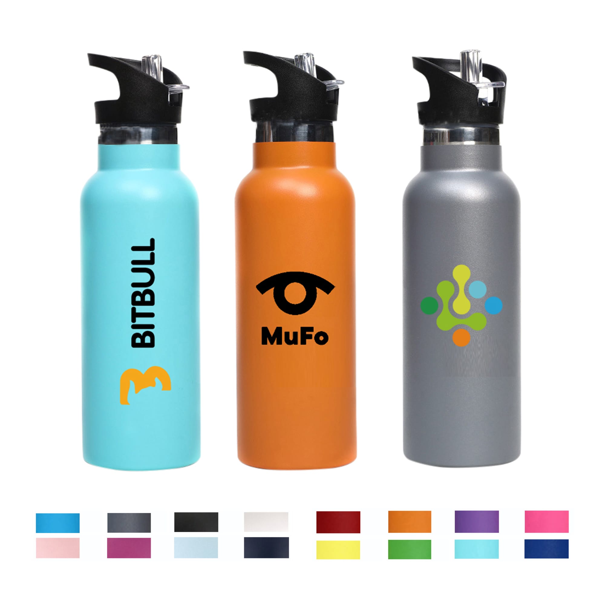 A drink bottle set featuring three designs: a light blue, orange, and grey bottle with various logos. 500ml Double Wall Vacuum Bottle with Flip Valve Lid - Image 1