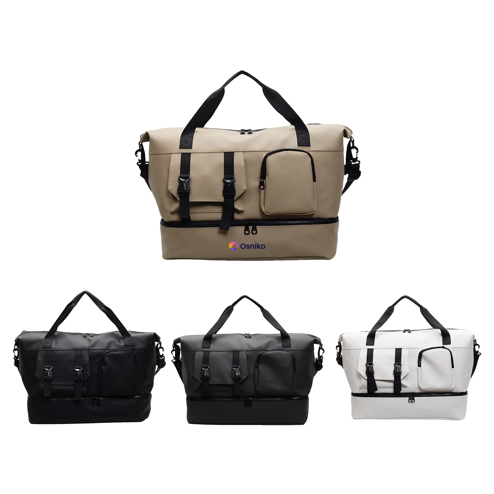 A travel weekender bag in beige, black, and white, featuring adjustable straps and a front pocket. It has a logo. Travel Weekender Bag - Image 1