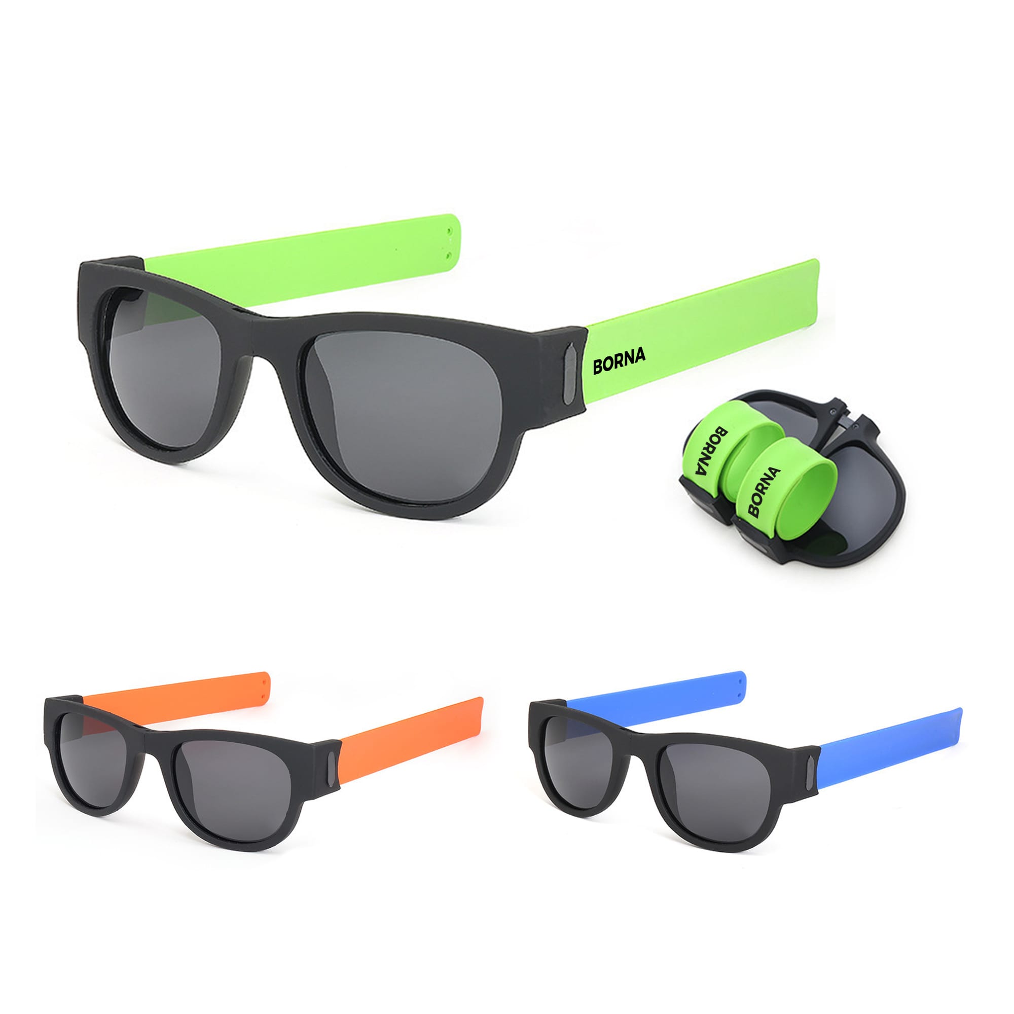 Slap band sunglasses in black with green, orange, and blue bands, featuring a logo. Slap Band Sunglasses - Image 1