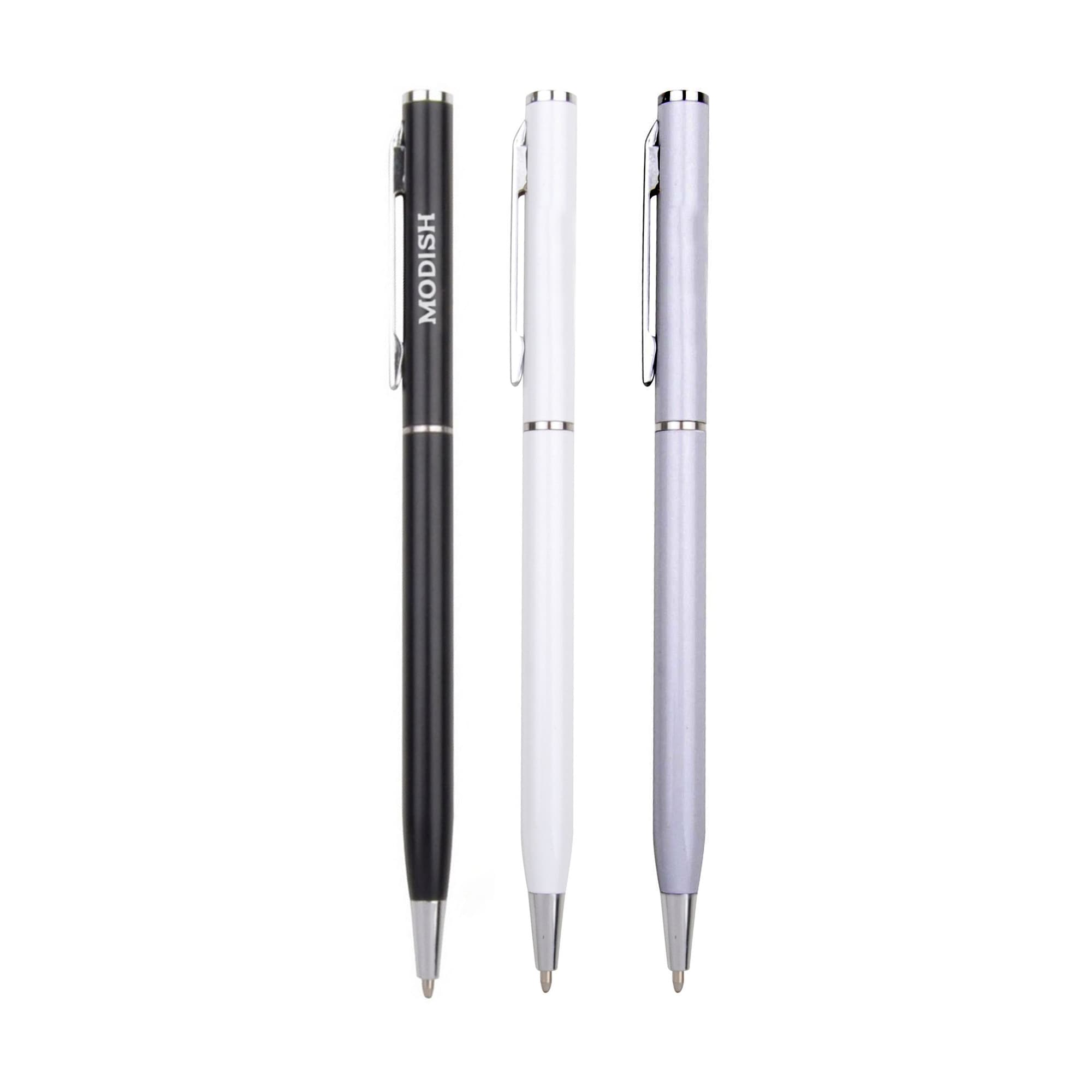 A collection of three Aluminium Cross Pens in black, white, and silver, featuring a logo on one pen. Aluminium Cross Pen - Image 1
