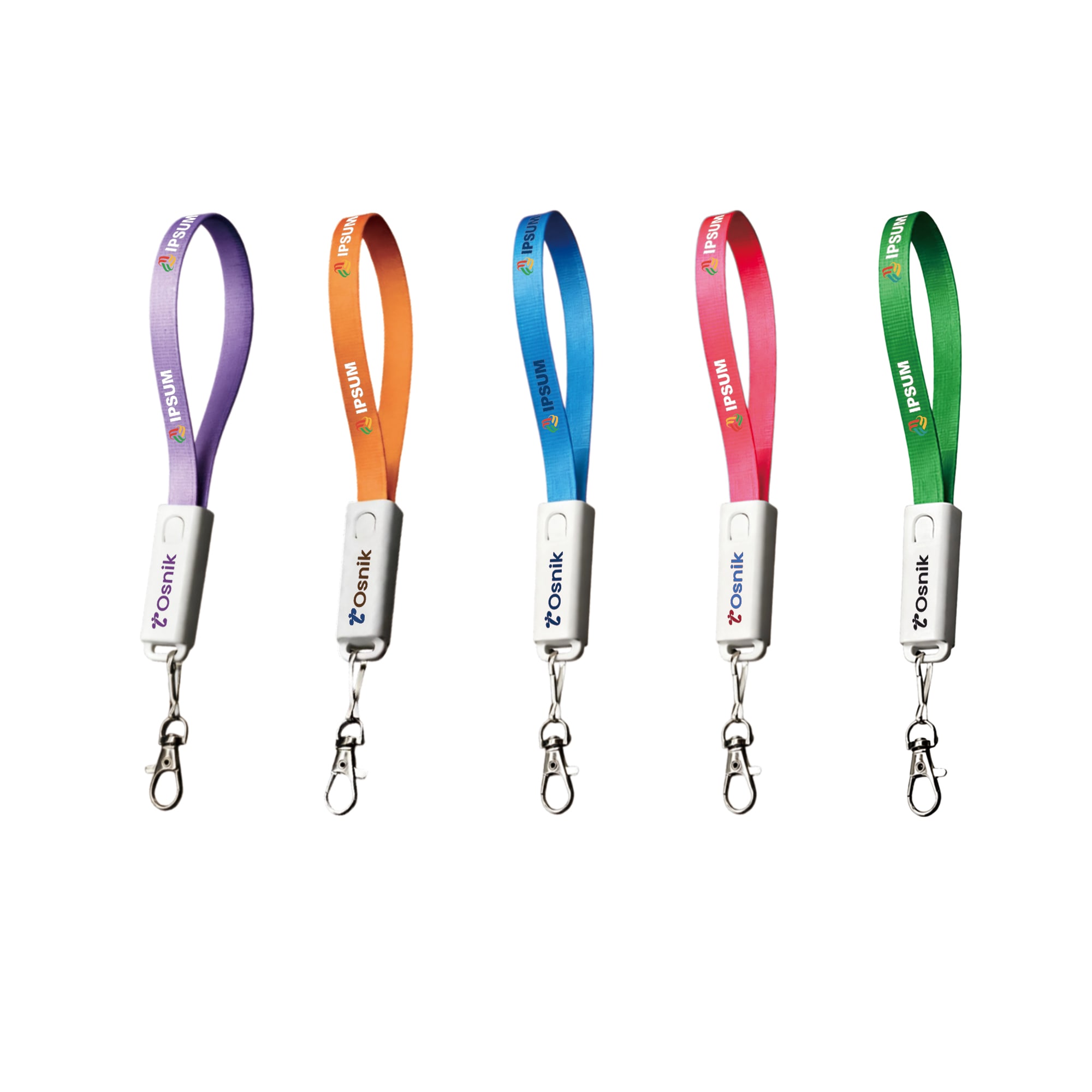 A set of five lanyards in purple, orange, blue, pink, and red, each featuring a clip and a branding logo. 60W 6-in-1 Charging Cable Strap - Image 1