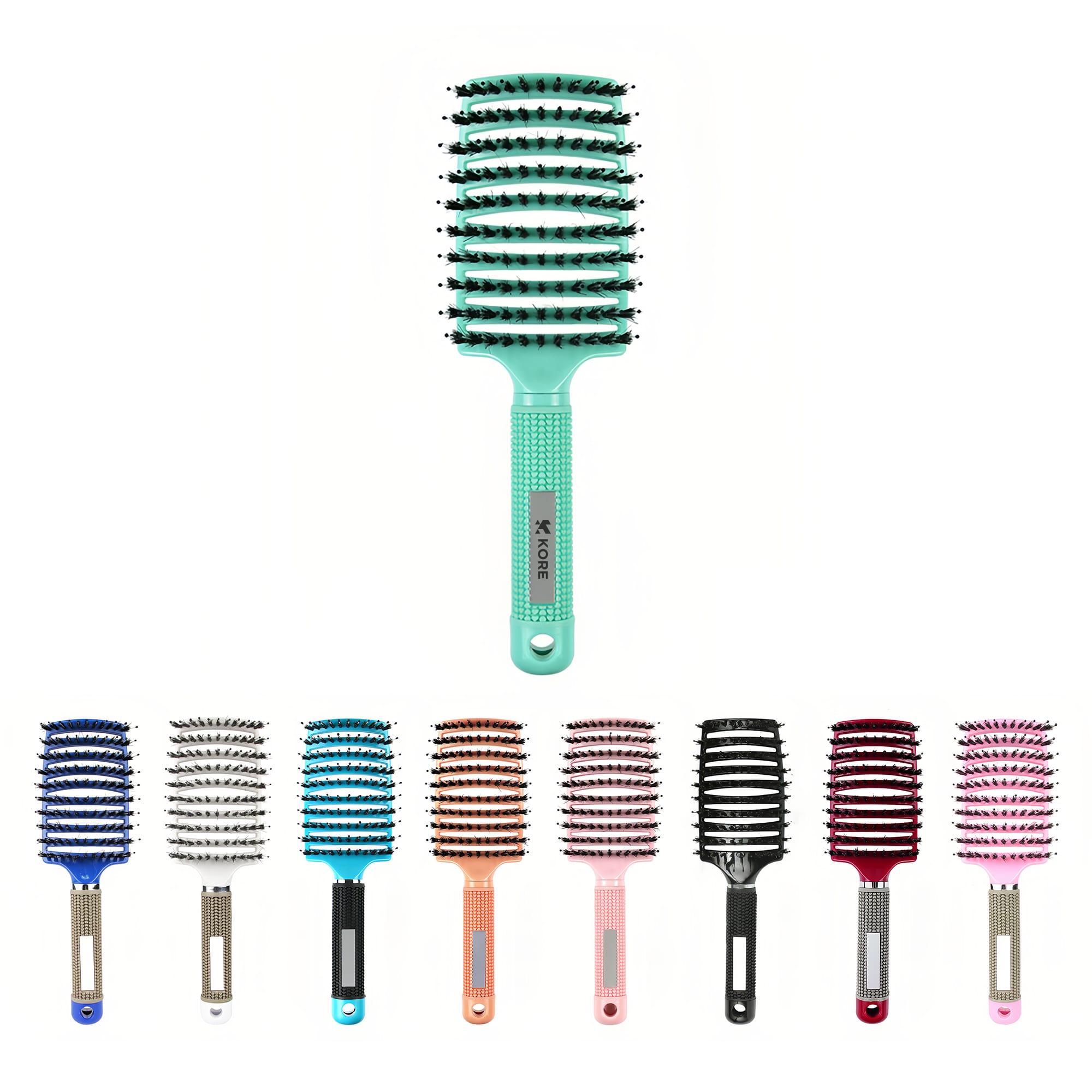 A range of detangler bristle hairbrushes in various colours, featuring a green brush at the centre, with a logo. Detangler Bristle Hairbrush - Image 1