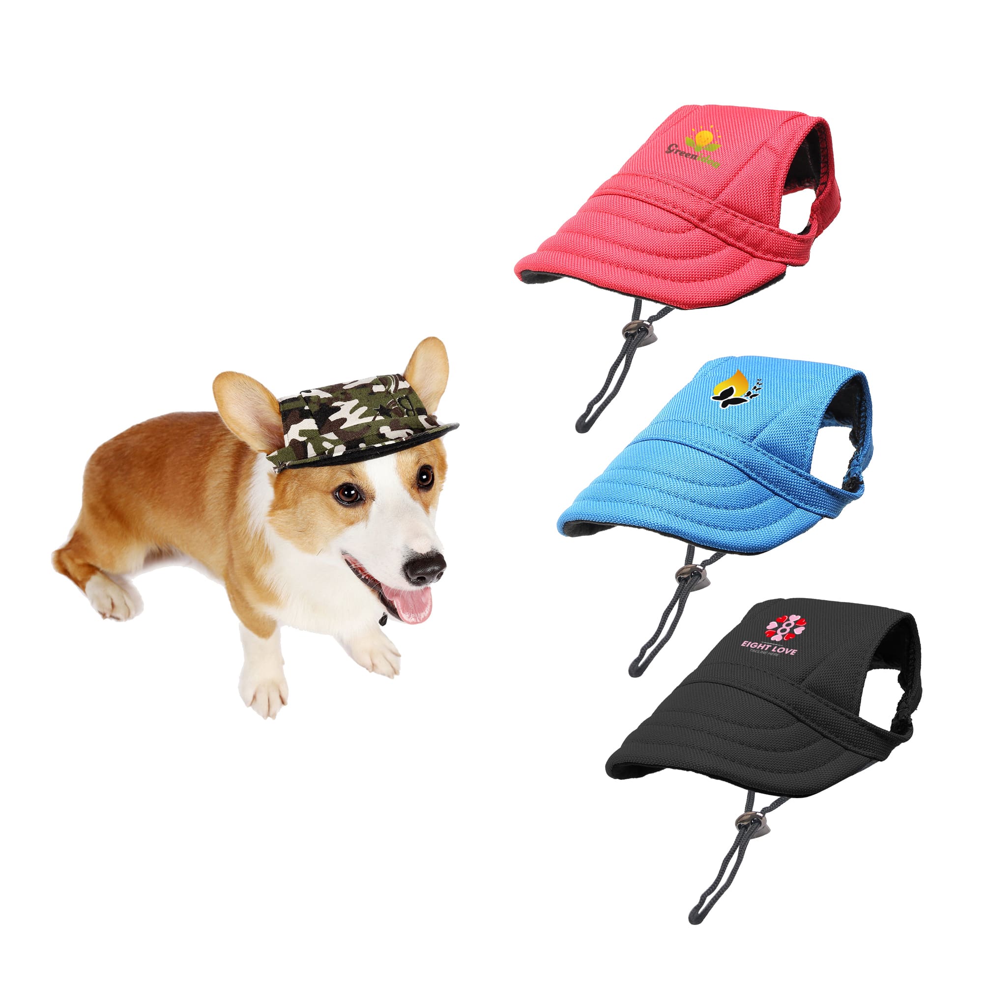 A dog wearing a camouflage hat, alongside pink, blue, and black hats on display. Each hat has a logo. Dog Baseball Hat - Image 1