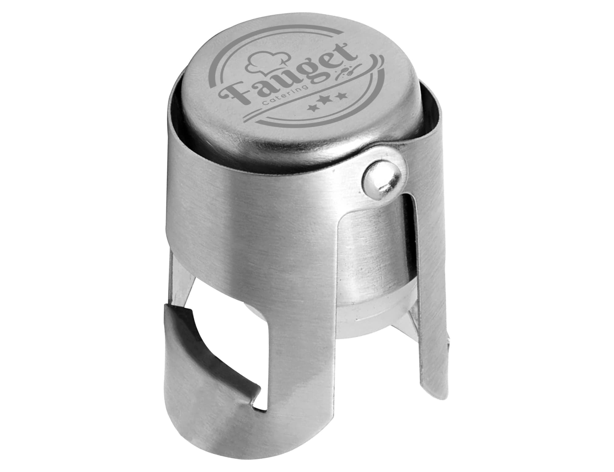 A stainless steel bottle stopper with a logo, featuring a sleek design for sealing drink bottles. Party Stopper - Image 1