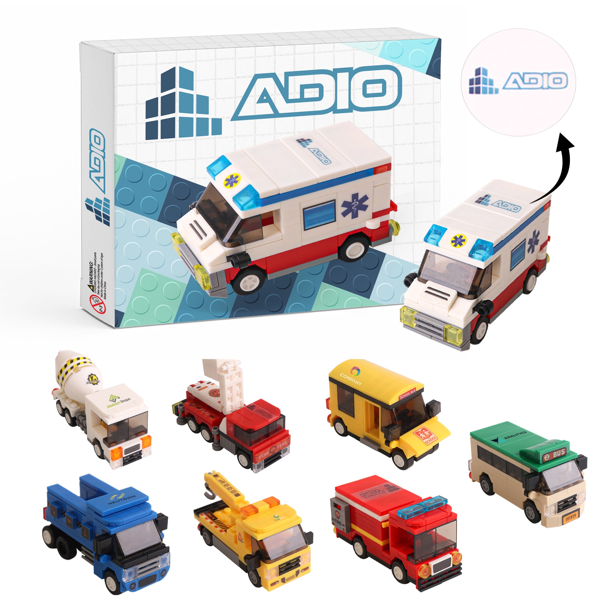 A set of colourful building blocks featuring various vehicle designs, including an ambulance, fire truck, and cement mixer. Car Series Building Blocks - Image 1