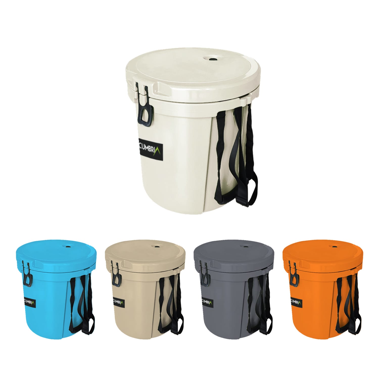 A 15L ice bucket available in blue, beige, grey, and orange, featuring a handy rope and a logo. 15L Ice Bucket with Handy Rope - Image 1
