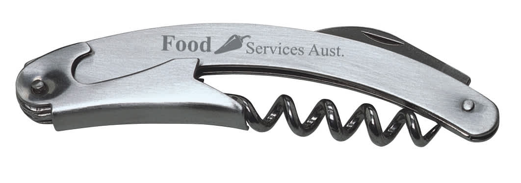 A drink bottle opener and corkscrew in silver metal with an integrated knife, featuring a branding logo. Toledo Corkscrew/Bottle Opener - Image 1