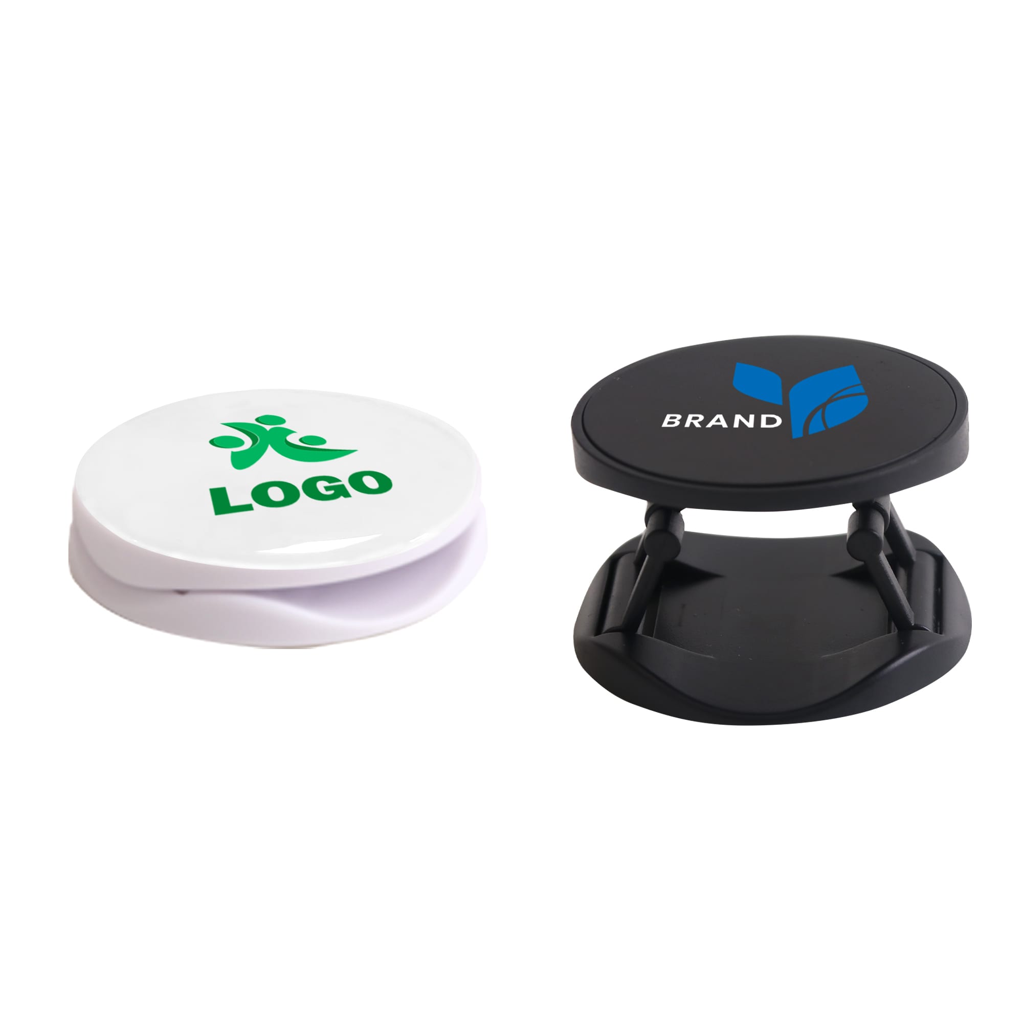 Two round phone holders in white and black, each featuring a logo on the top surface. Round Phone Holder - Image 1