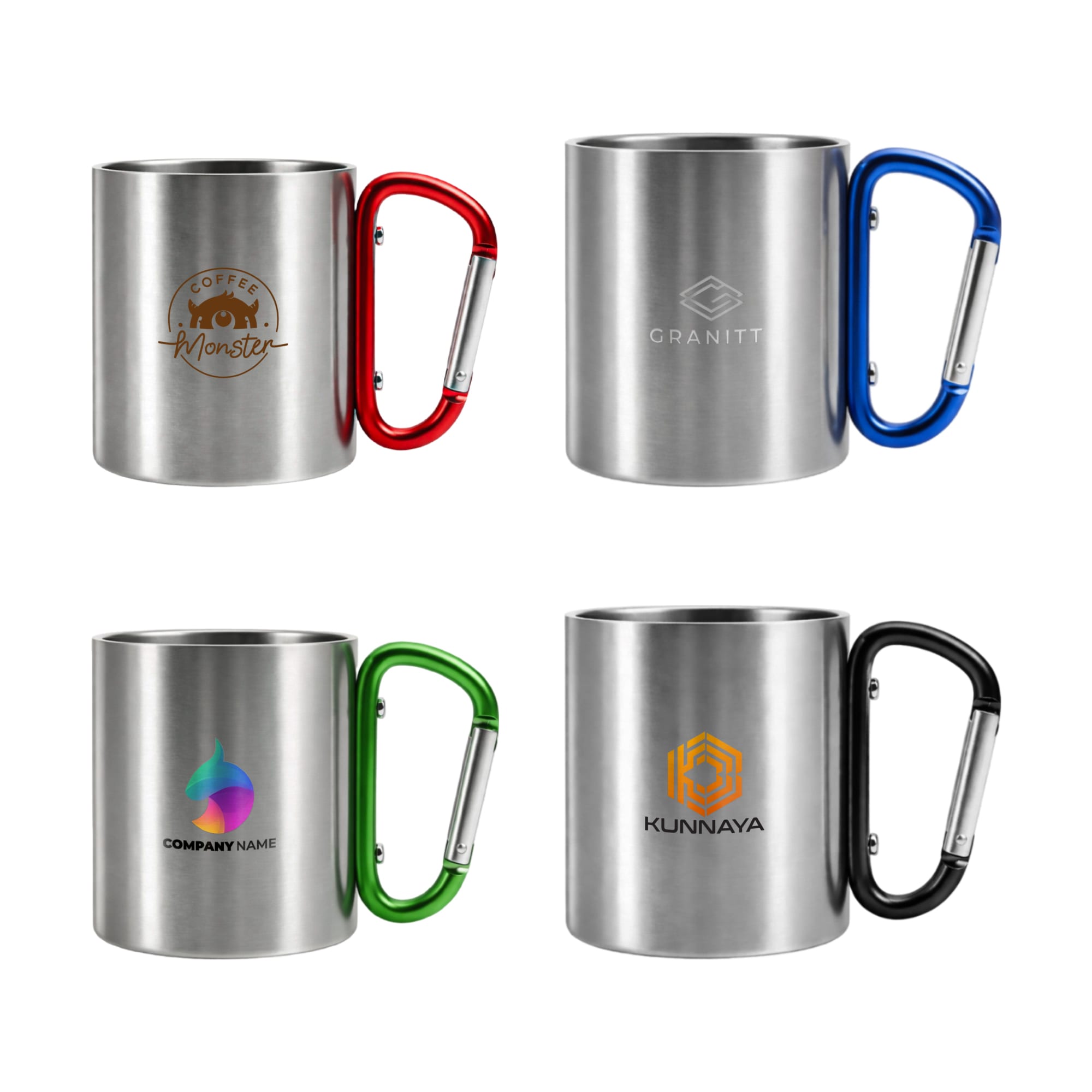 A drink bottle featuring four stainless steel insulated mugs, each with a different coloured carabiner handle: red, blue, green, and black. 170ML/280ML Stainless Steel Insulated Travel Mug with Carabiner Handle - Image 1