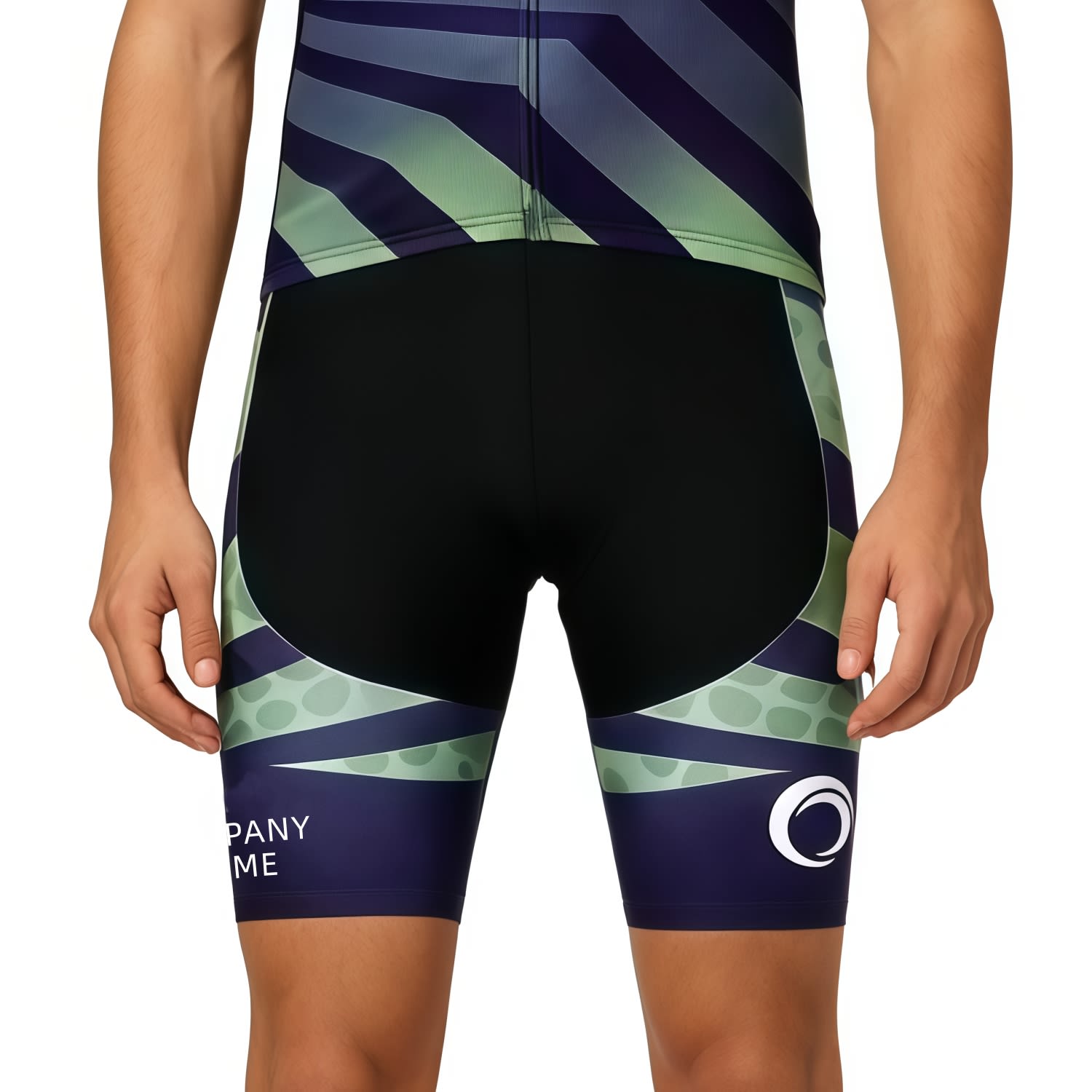 Men's sublimated cycling shorts featuring a mix of green, navy, and black colours with a logo on the side. Men's Sublimated Cycling Shorts - Image 1