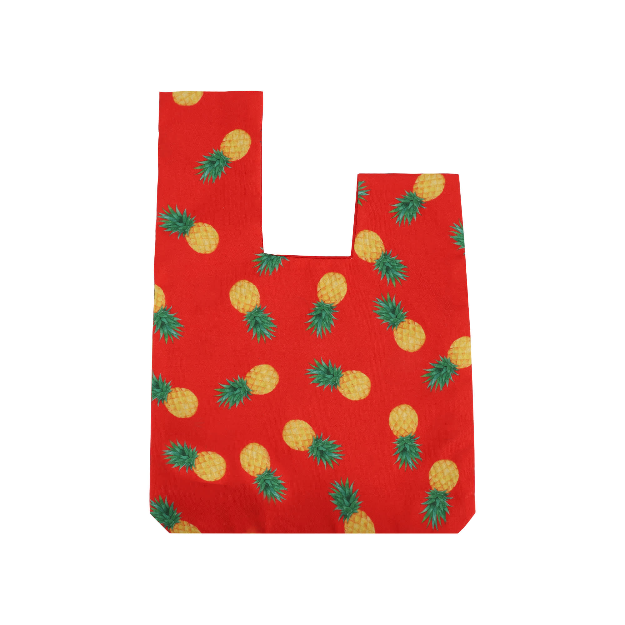 A red sublimation polyester wrist bag with a pineapple pattern and a cut-out handle. It features multiple yellow pineapples with green leaves. Sublimation Polyester Wrist Bag - Image 1