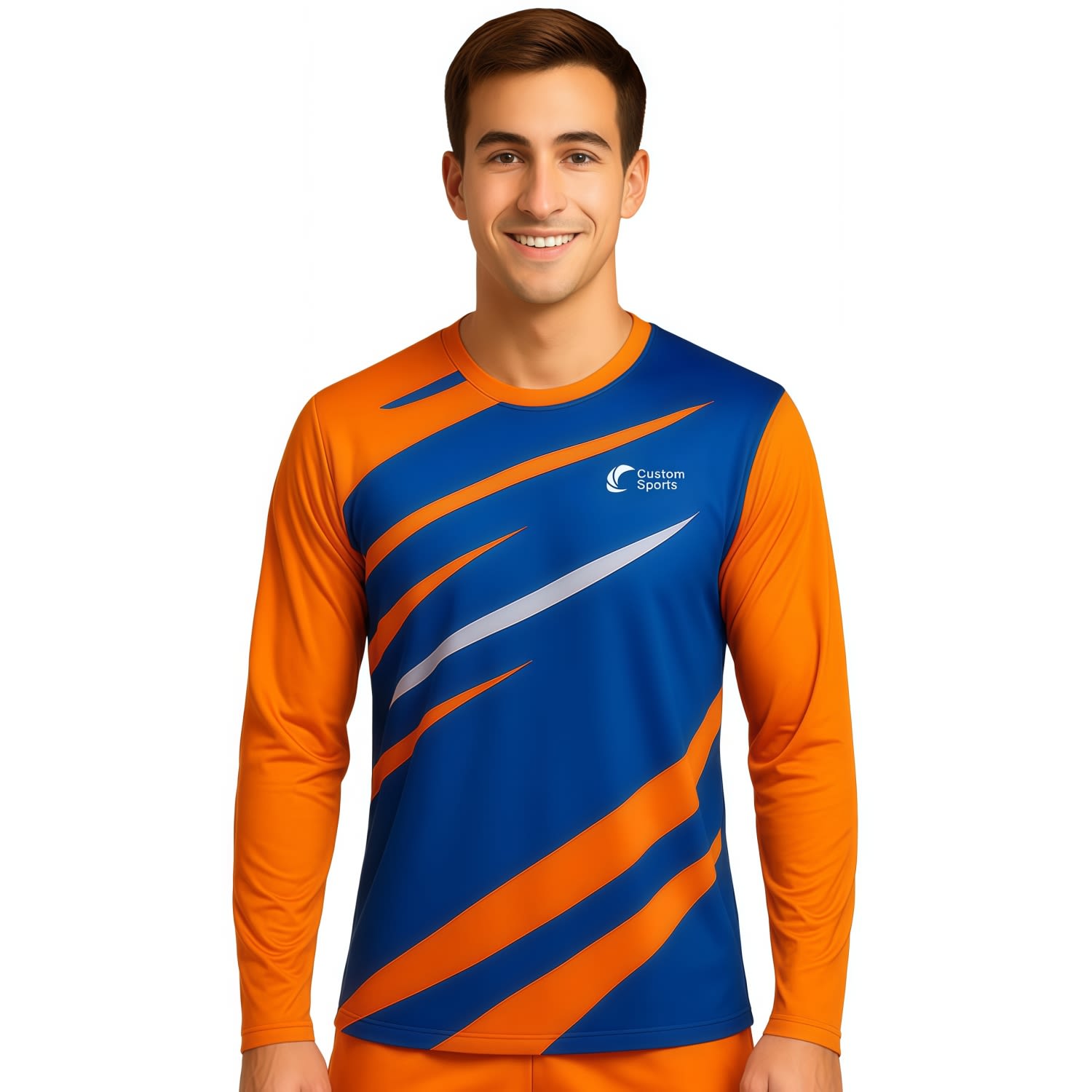 A long-sleeve sports shirt featuring blue and orange colours with a logo on the chest and dynamic design elements. 100% Poly Milk Silk Sublimated Sports Long Sleeves Shirt - Image 1
