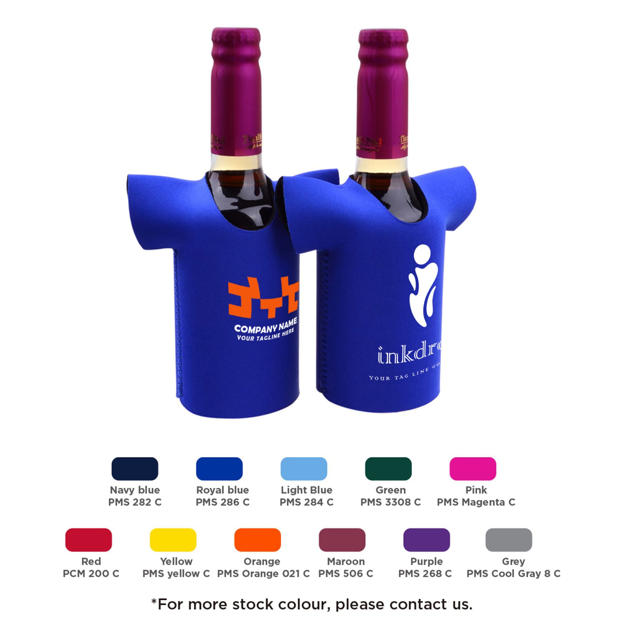 A drink bottle cooler in blue, designed to hold two bottles. It features a logo on one side. Jersey Stubby Cooler - Image 1