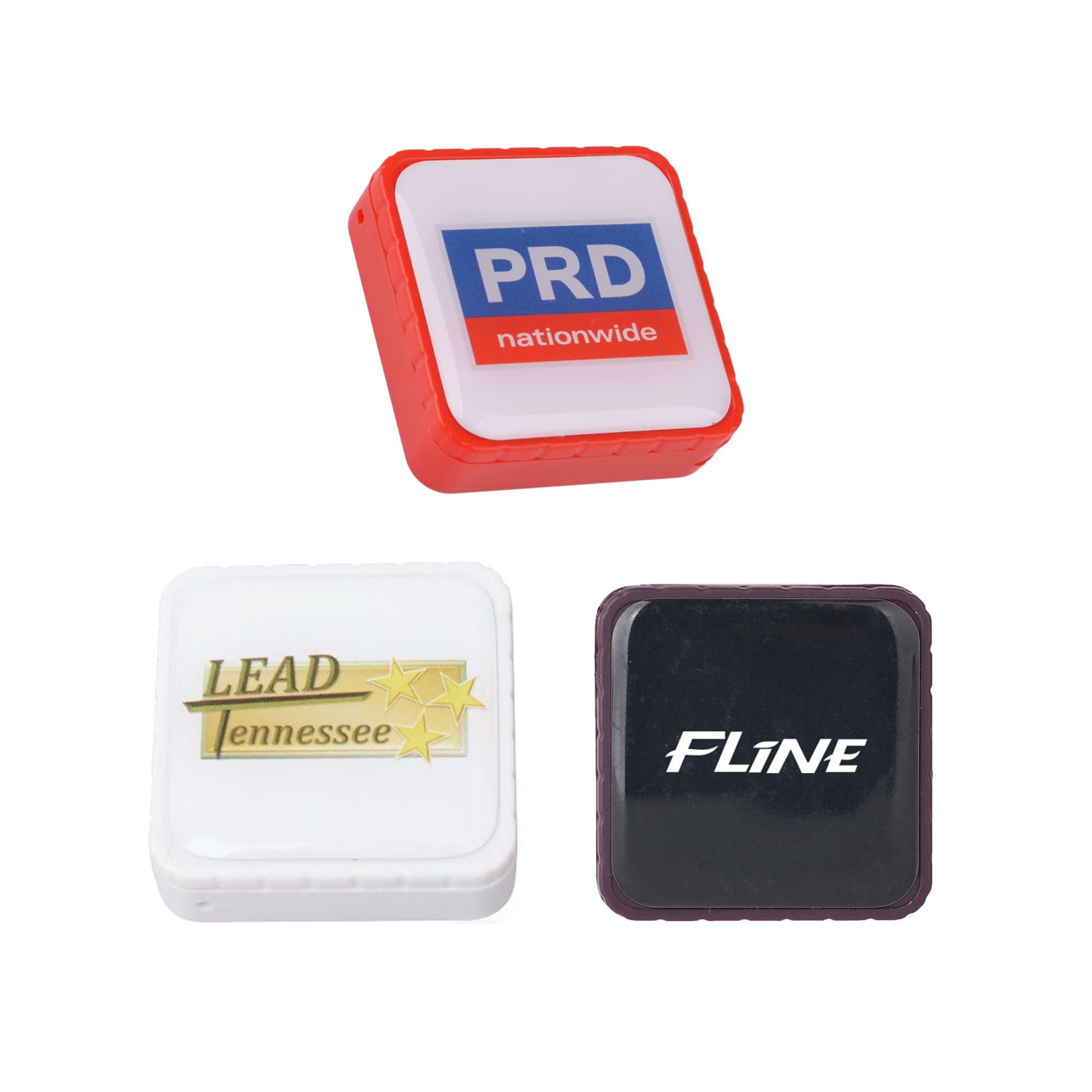 A set of square flash drives in red, white, and black, each featuring a logo on the front. Square Flash Drive - Image 1