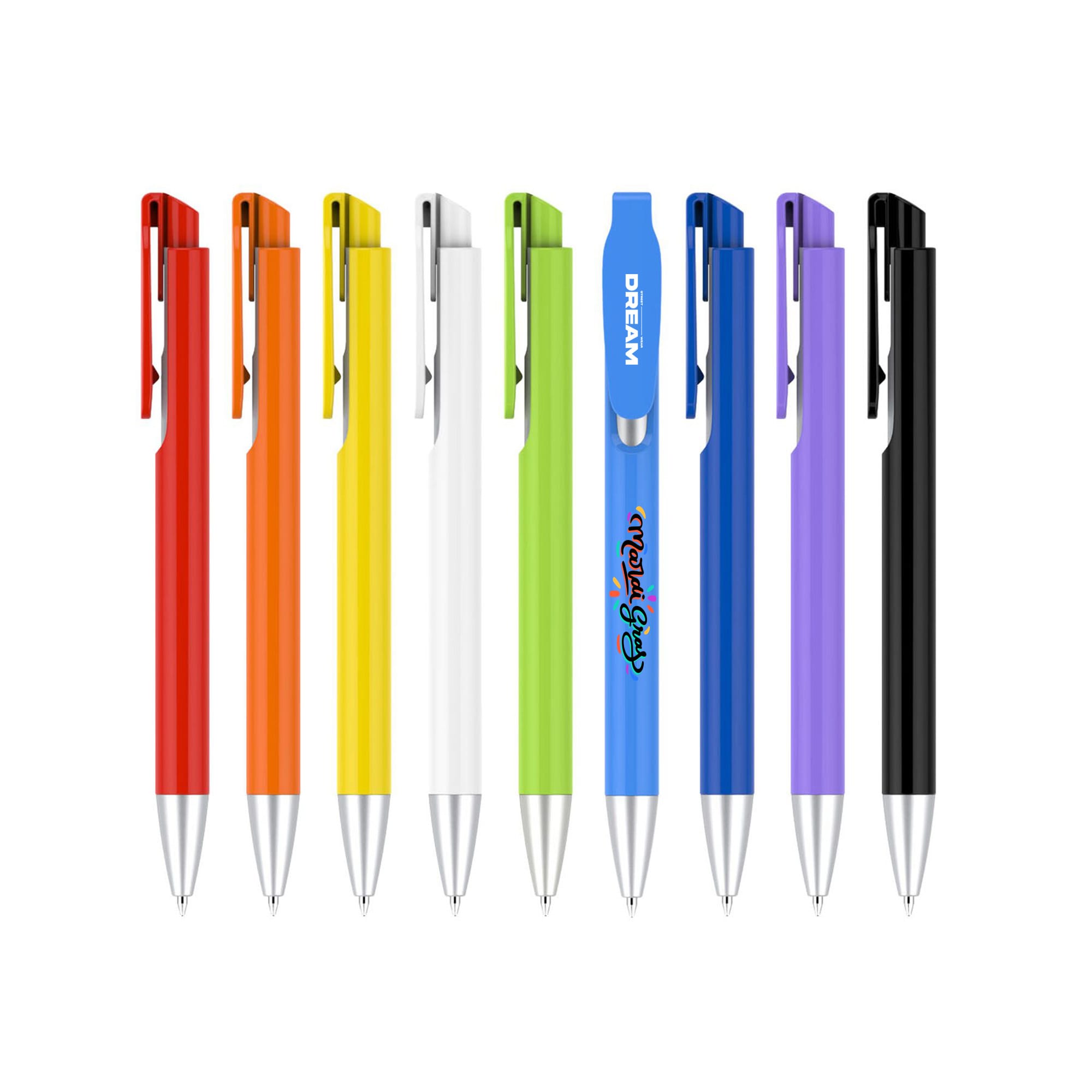 A collection of plastic pens in red, orange, yellow, green, white, blue, purple, and black, featuring various designs. Fan Pen - Colour Barrel - Image 1