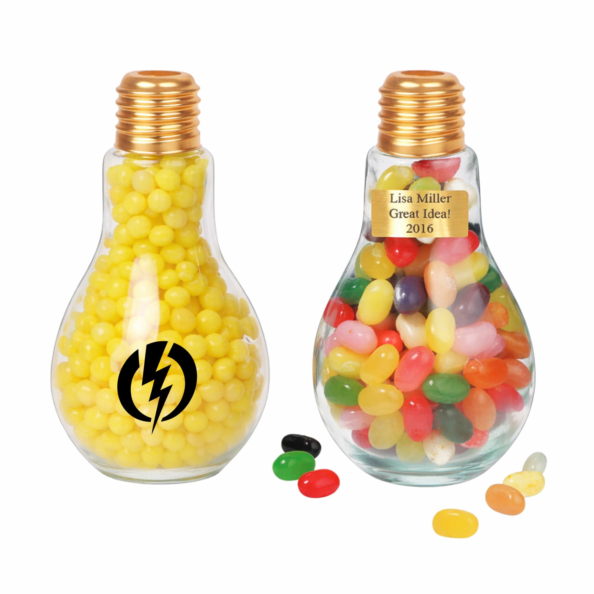 A drink bottle shaped like a bulb, featuring a transparent glass body and a gold lid, filled with colourful jelly beans. 300ml Bulb Shaped Plastic Bottle - Image 1