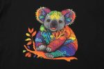 A colourful koala with intricate floral patterns, sitting on a branch against a black background.