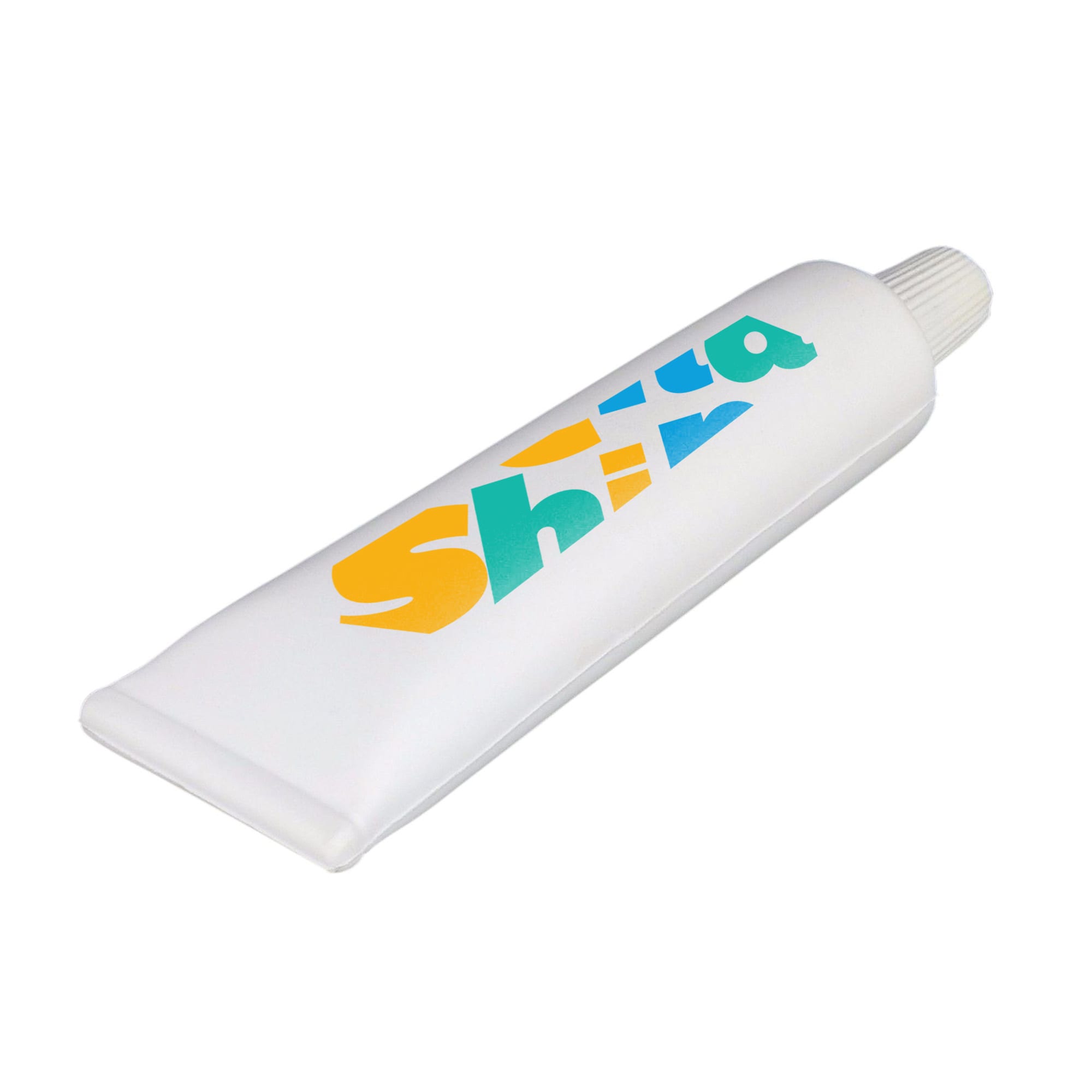 A large white stress reliever shaped like a tube of toothpaste, featuring colourful branding. Large Toothpaste Shape Stress Reliever - Image 1