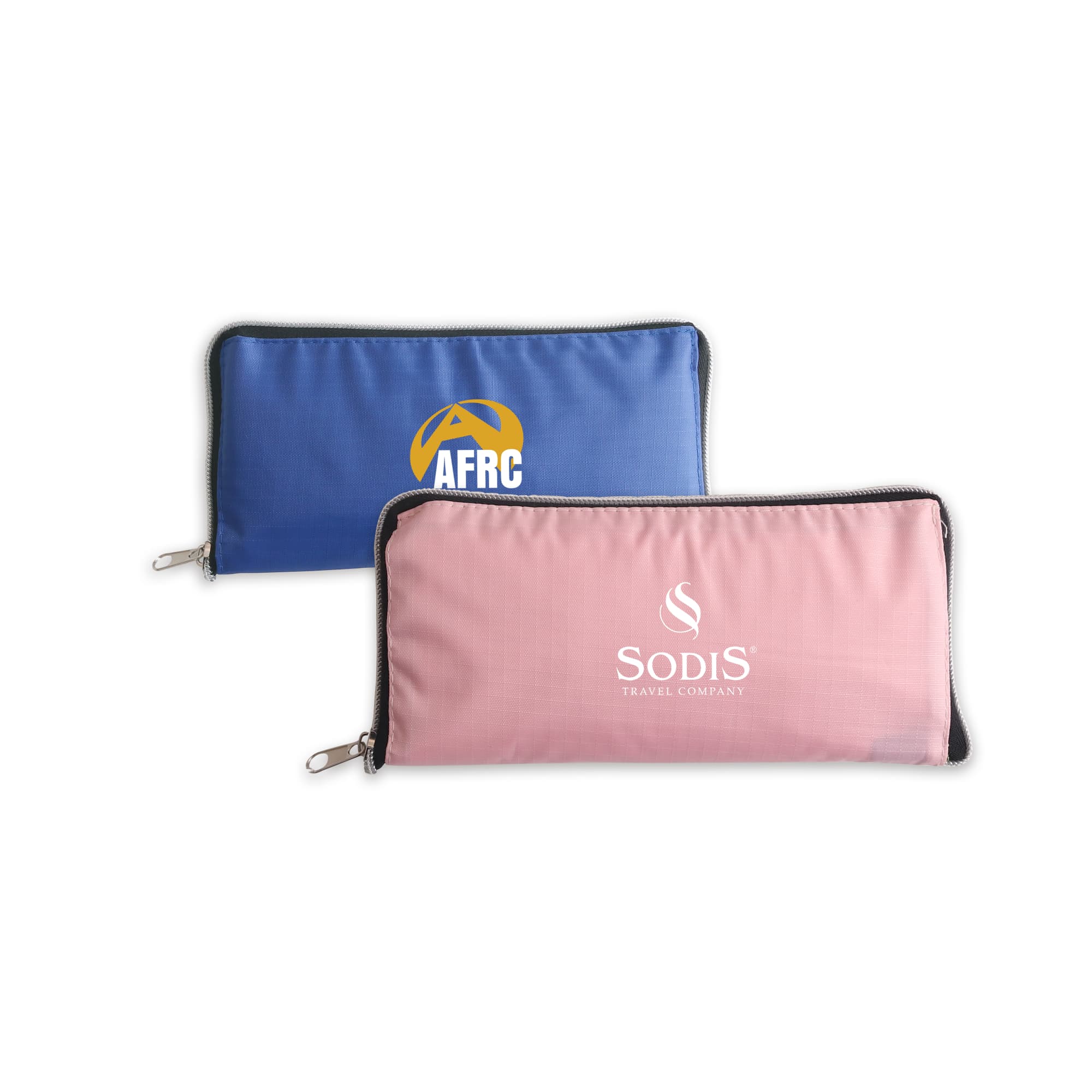 A blue and pink zippered pouch with logos, featuring a smooth fabric finish. Coloured Foldable Tote Bag - Image 1